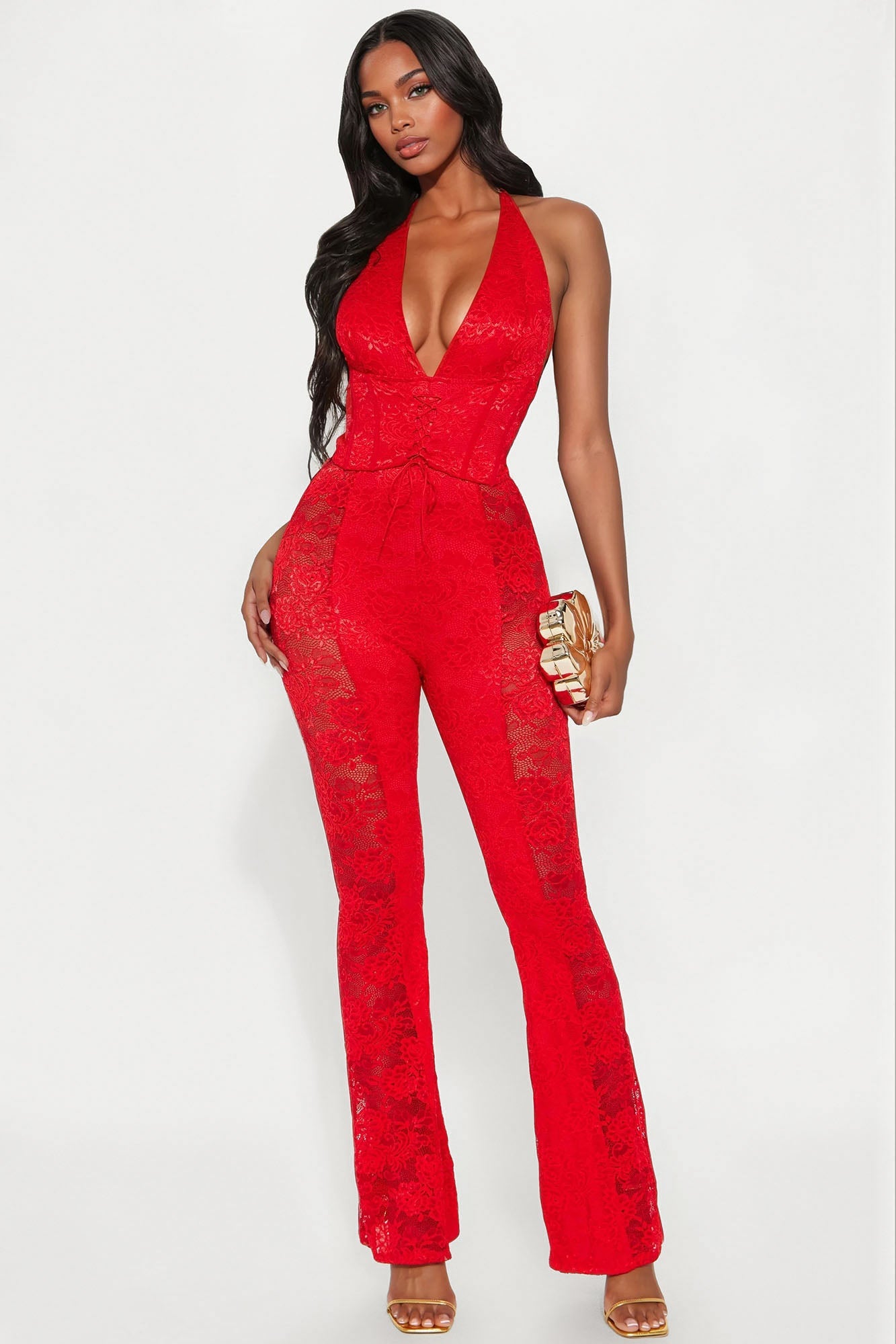 Analisa Lace Halter Jumpsuit - Red