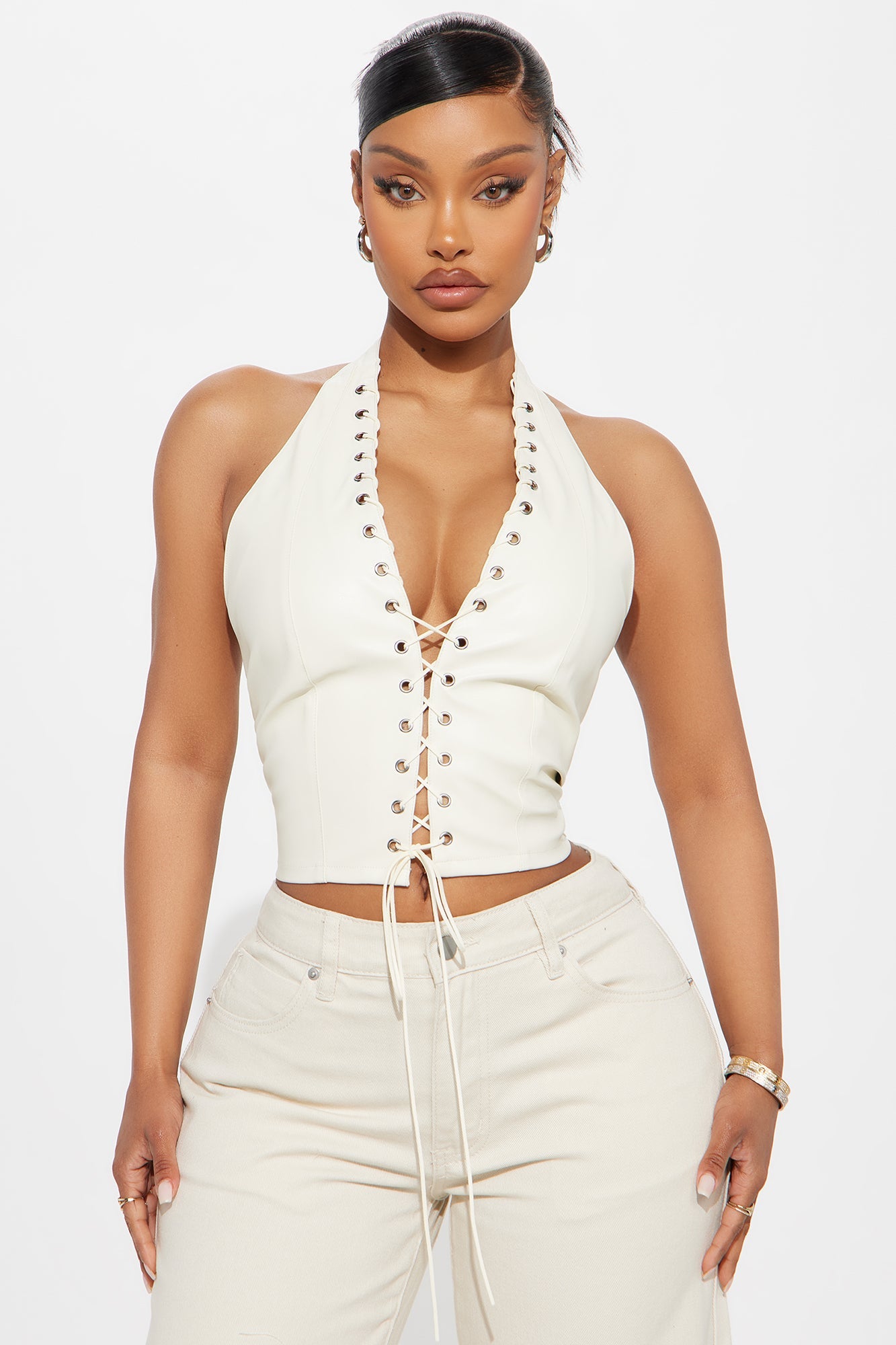 Up To No Good Lace Up Top - Cream