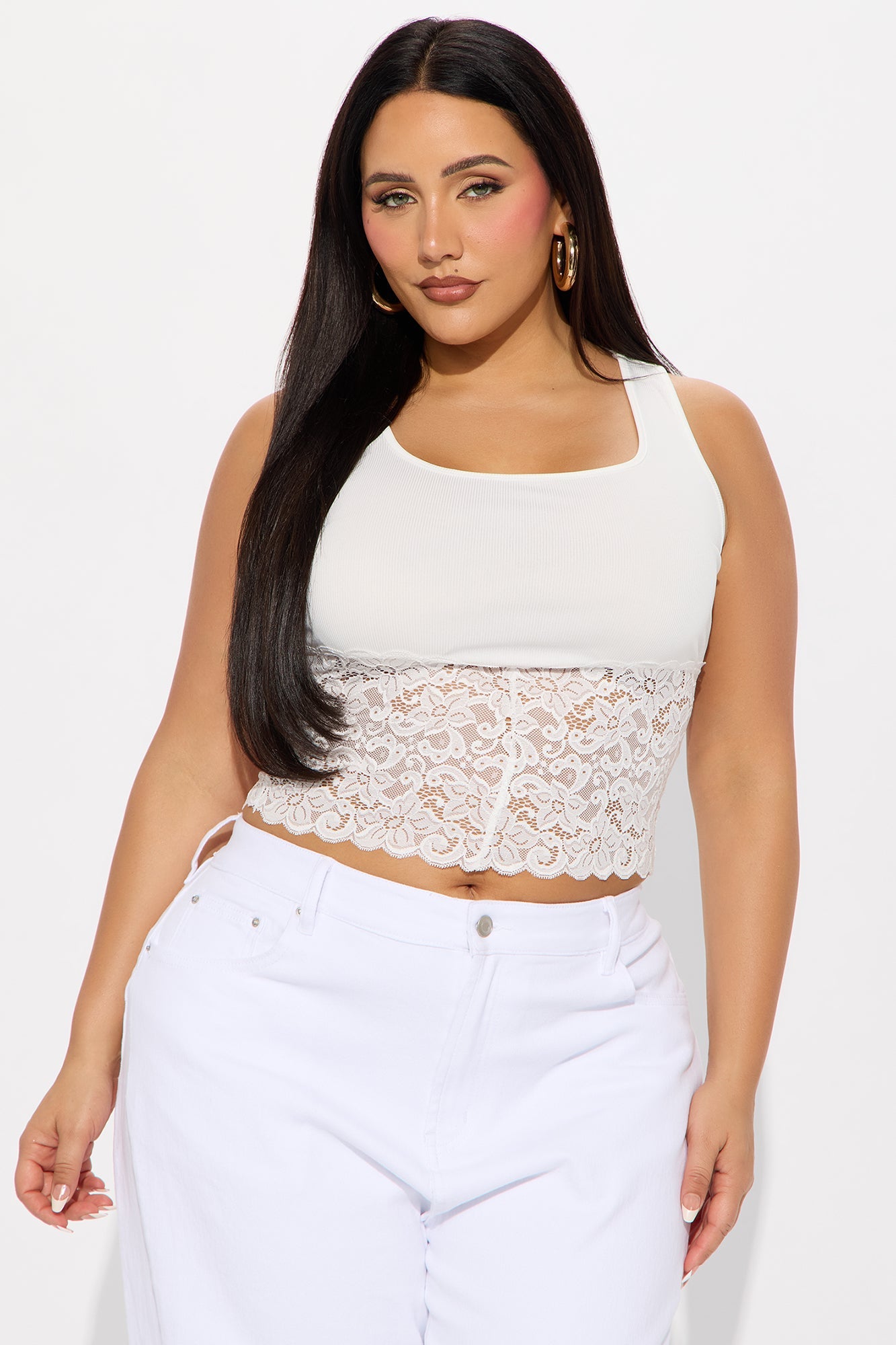 Katalina Ribbed Lace Trim Tank Top - Ivory