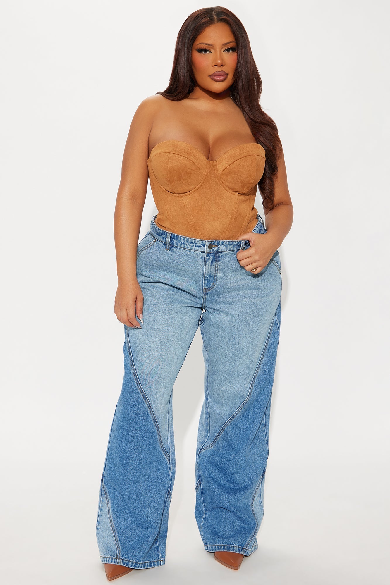 Oui Oui Two Tone Wide Leg Jeans - Light Blue Wash