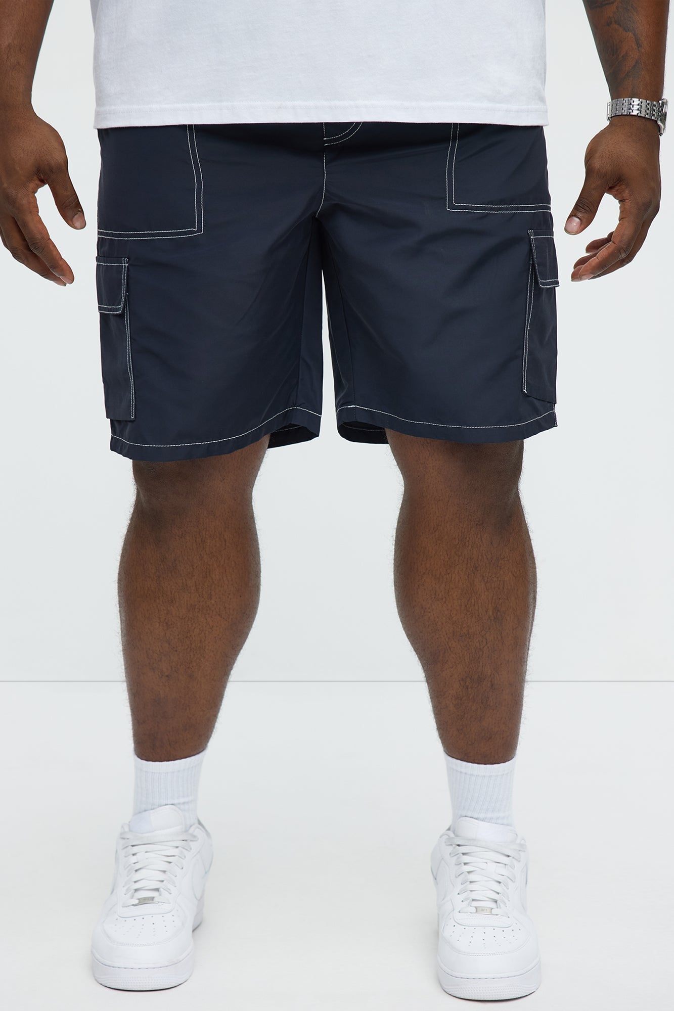 Contrast Stitch Nylon Cargo Short - Blue