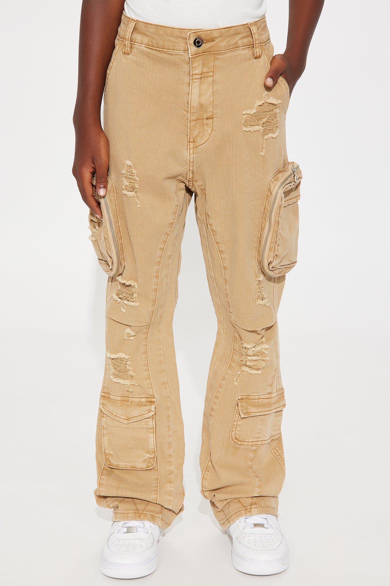 Mini Aaron Stacked Flare Cargo Pants - Khaki