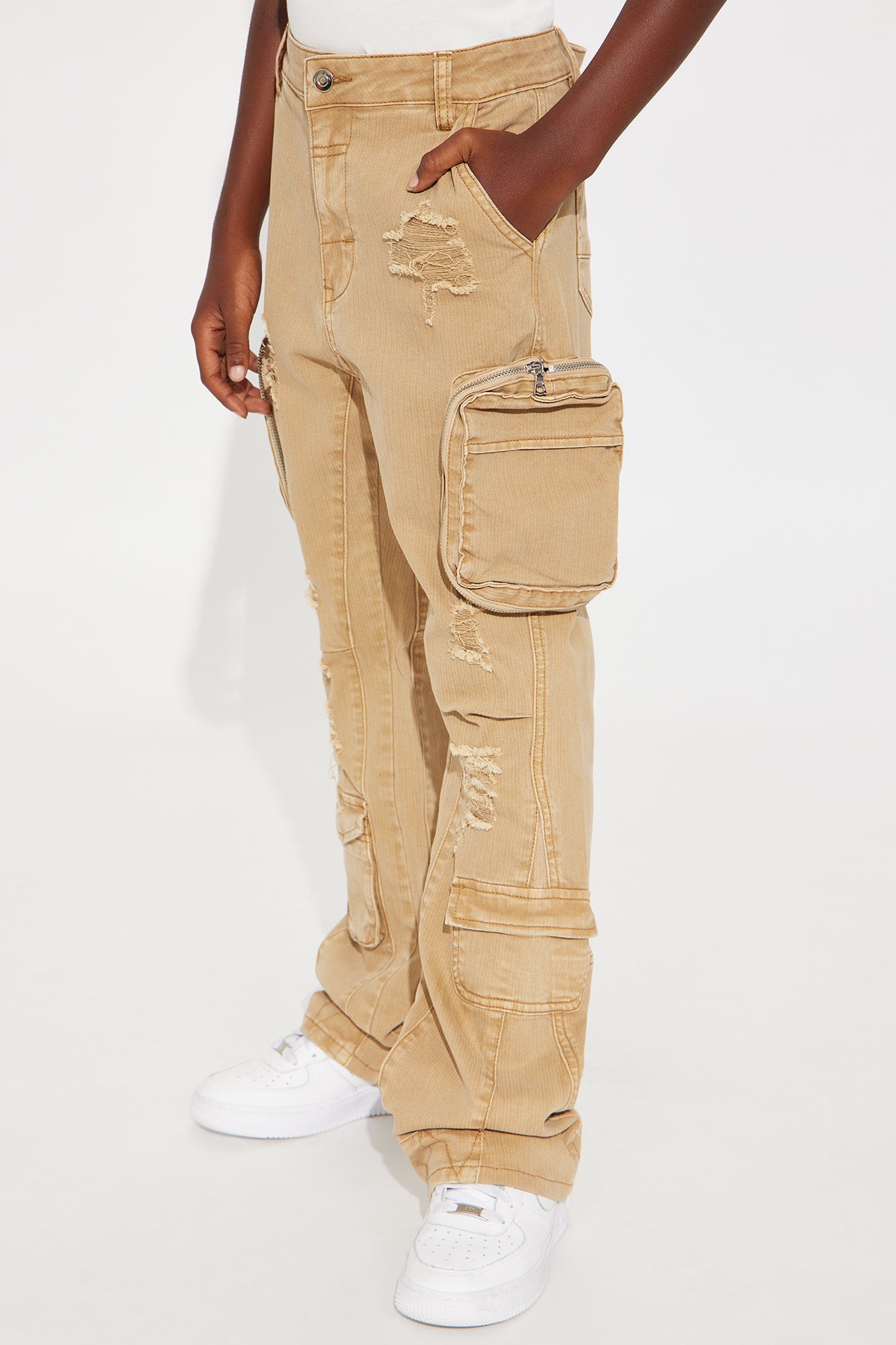 Mini Aaron Stacked Flare Cargo Pants - Khaki