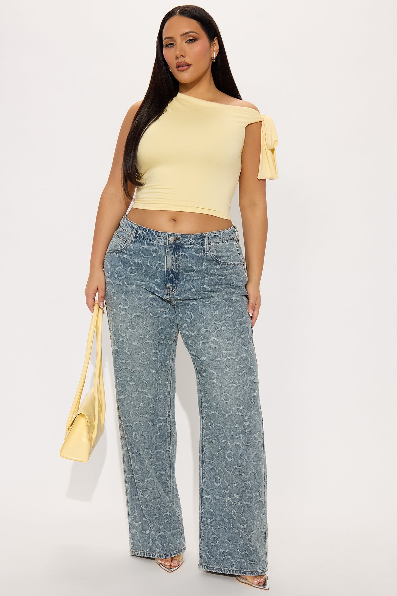 Flower Power Jacquard Wide Leg Jeans - Medium Wash