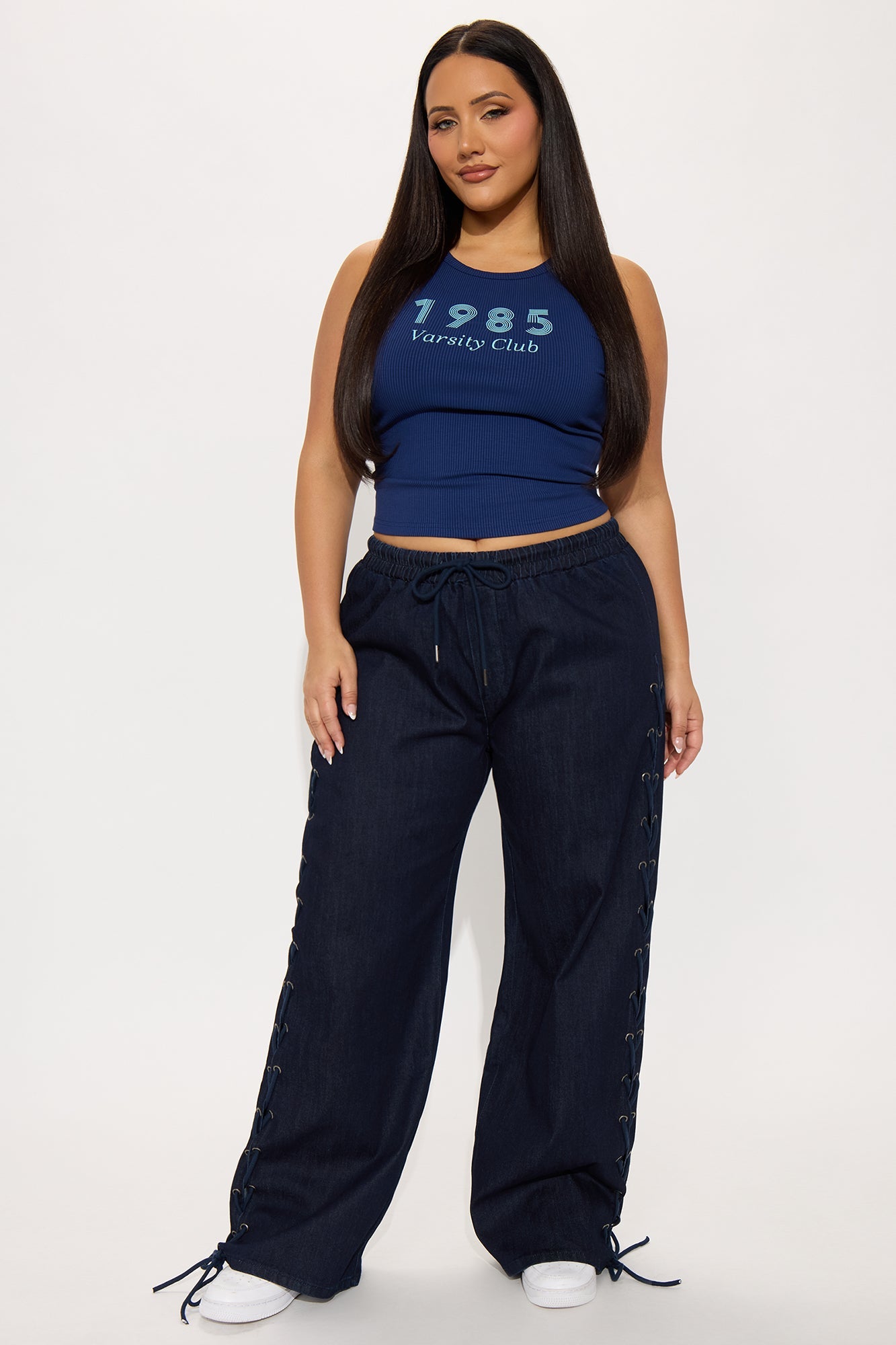 Lucky Laced Up Wide Leg Denim Jeans - Dark Wash
