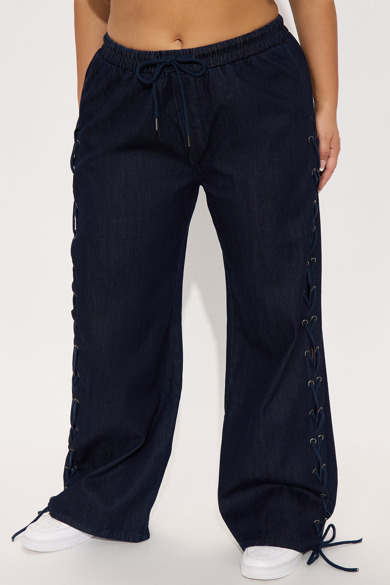 Lucky Laced Up Wide Leg Denim Jeans - Dark Wash