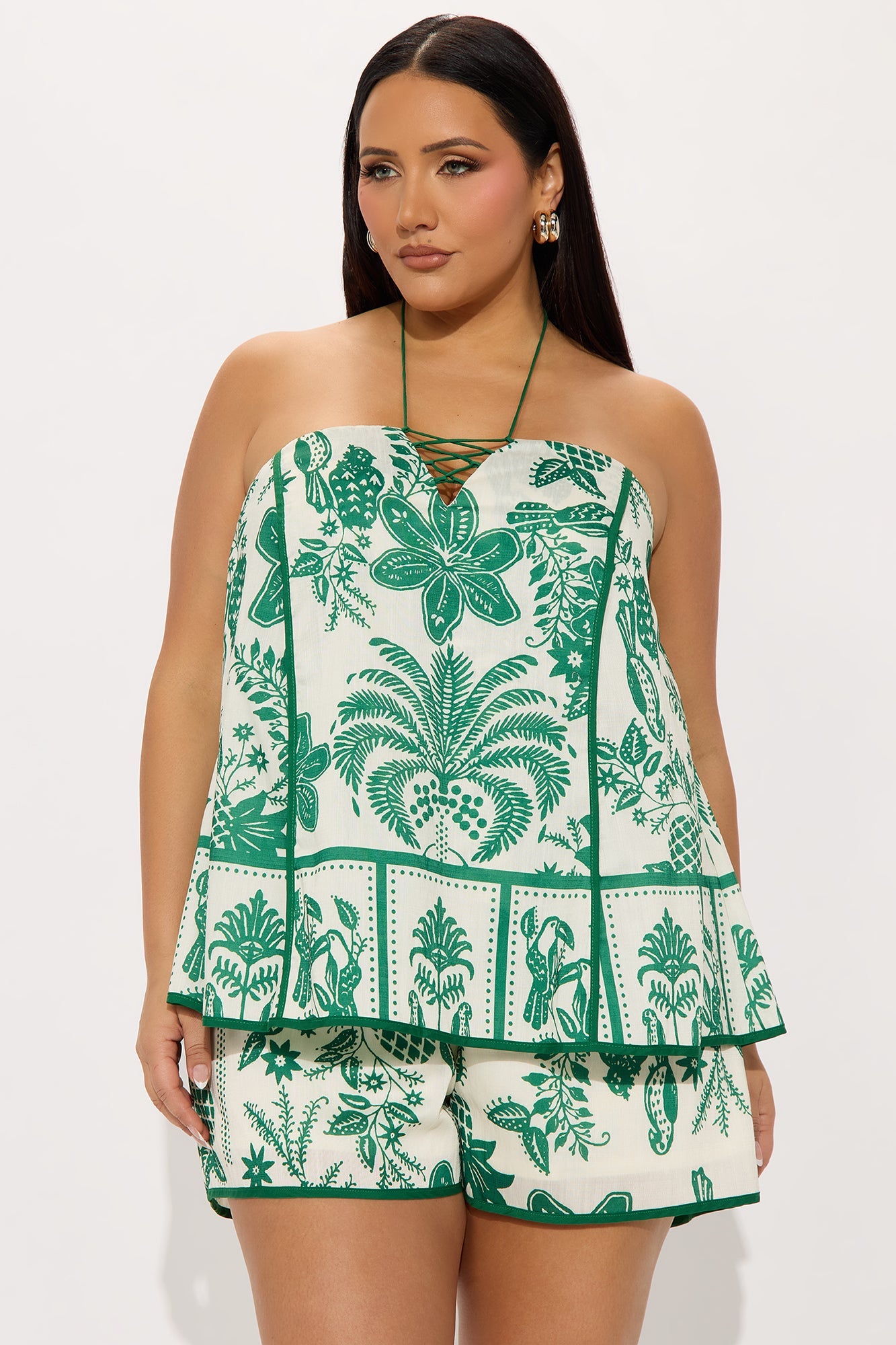 Taking My Time Linen Halter Romper - Green/combo