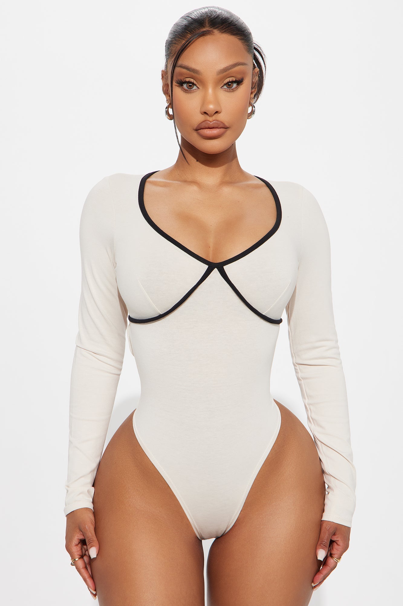 Champagne Dream Long Sleeve Contrast Trim Bodysuit - Cream