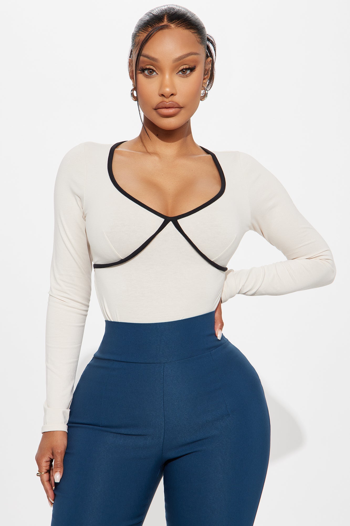 Champagne Dream Long Sleeve Contrast Trim Bodysuit - Cream