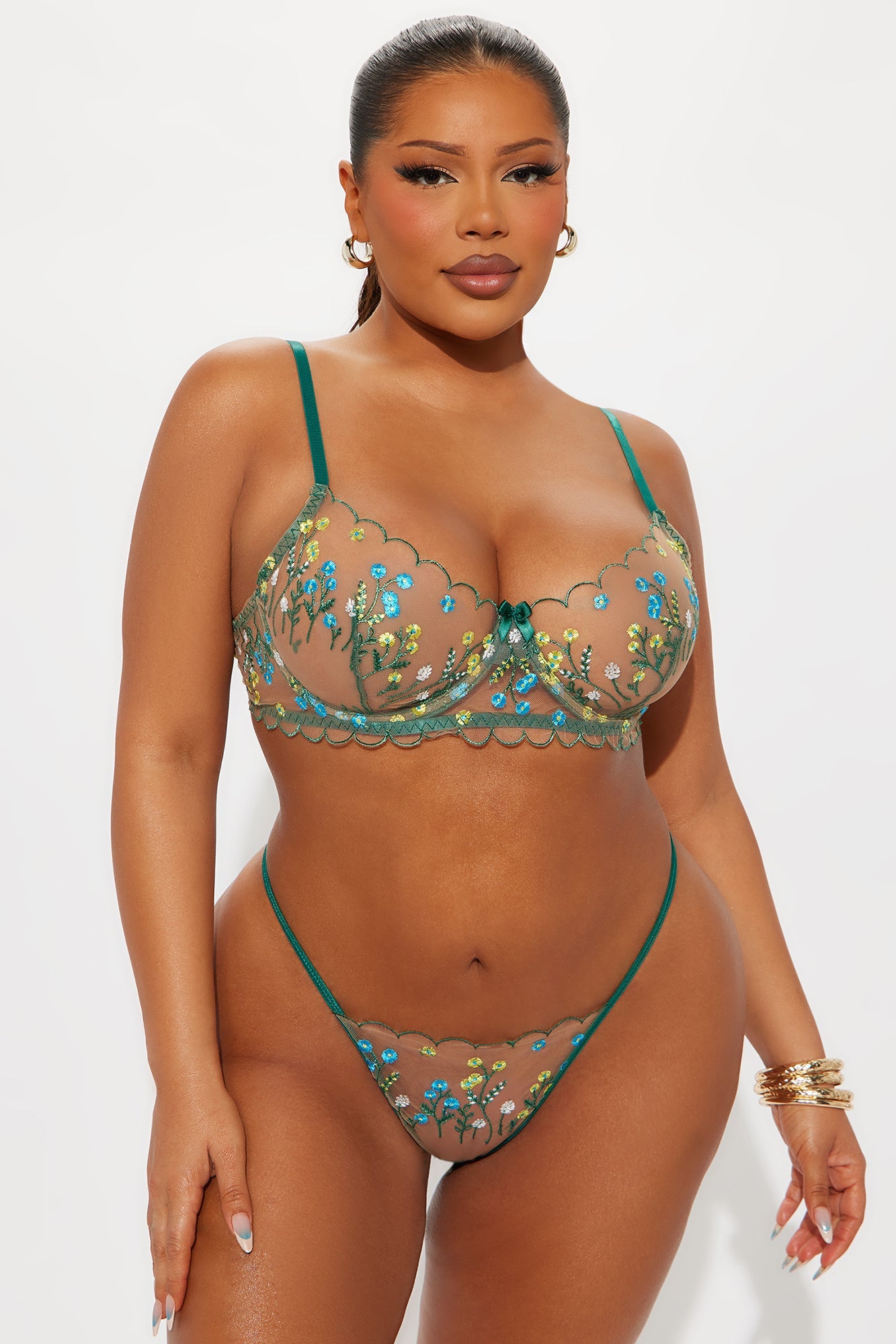 Good Luck Embroidered Bra G String 2 Piece Set - Green