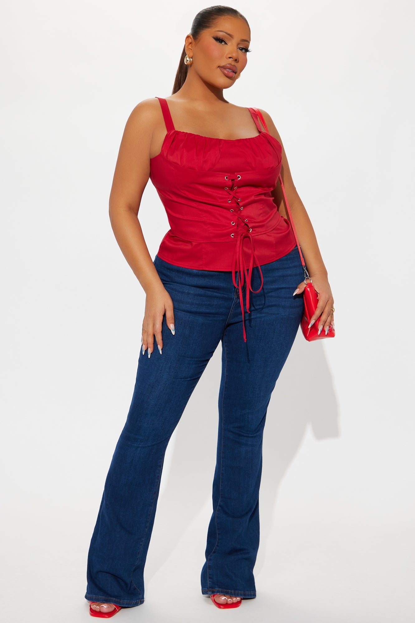Dream Of Me Lace Up Poplin Top I - Red