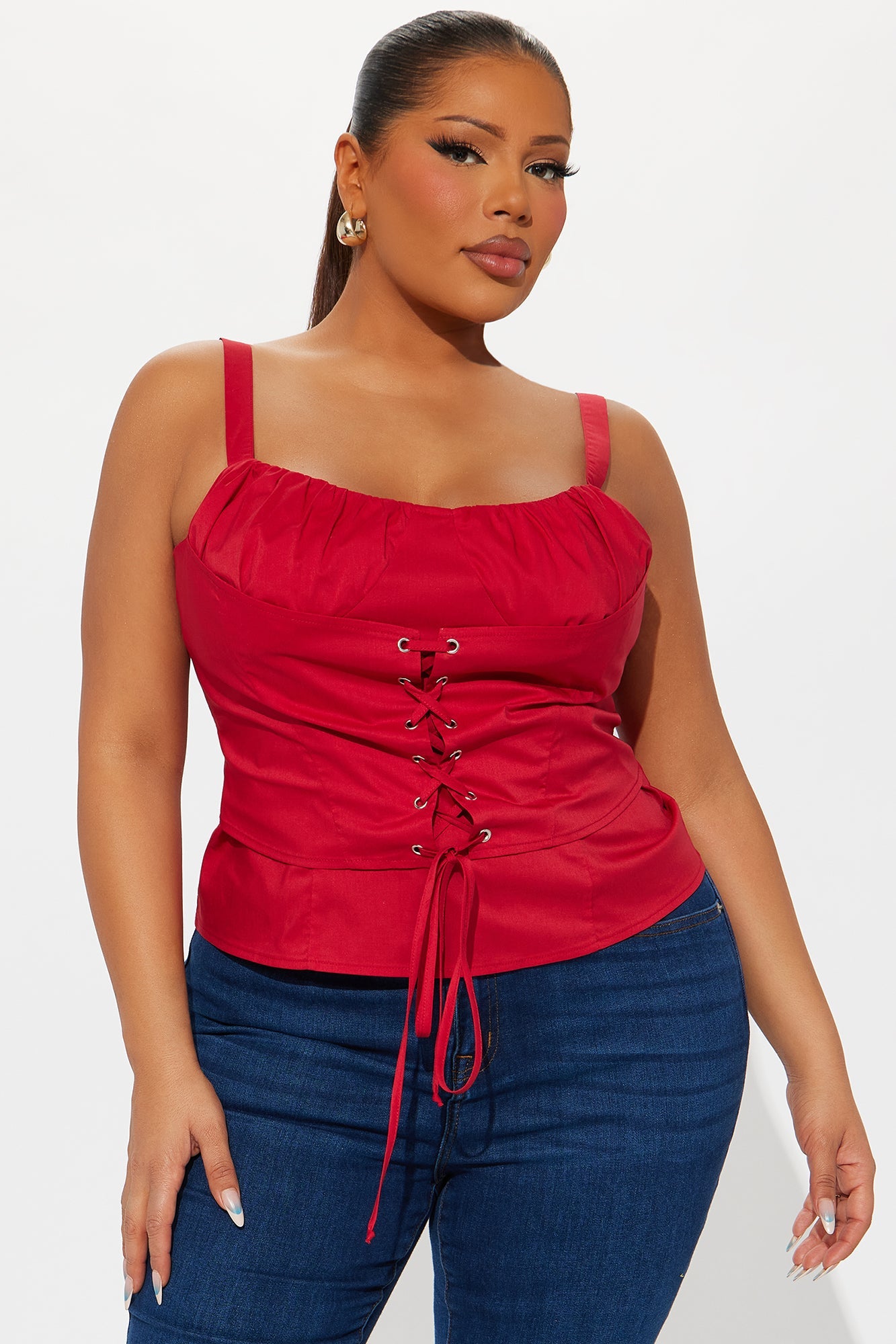 Dream Of Me Lace Up Poplin Top I - Red
