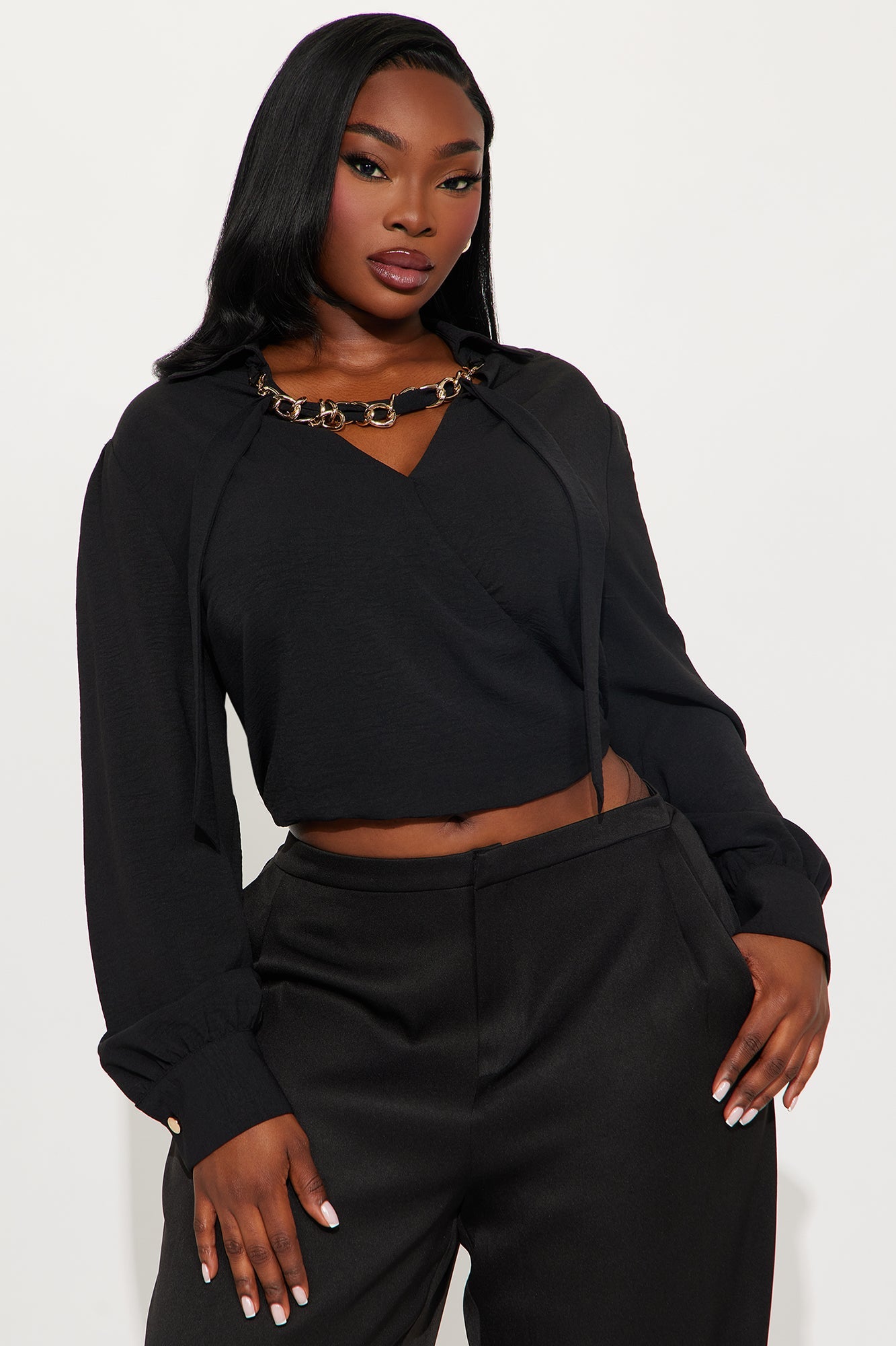 Sleek Touch Surplice Chain Blouse - Black