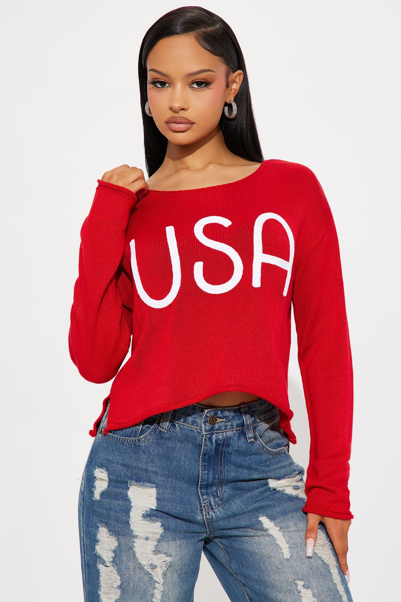 USA Embroidered Pullover Sweater - Red/White