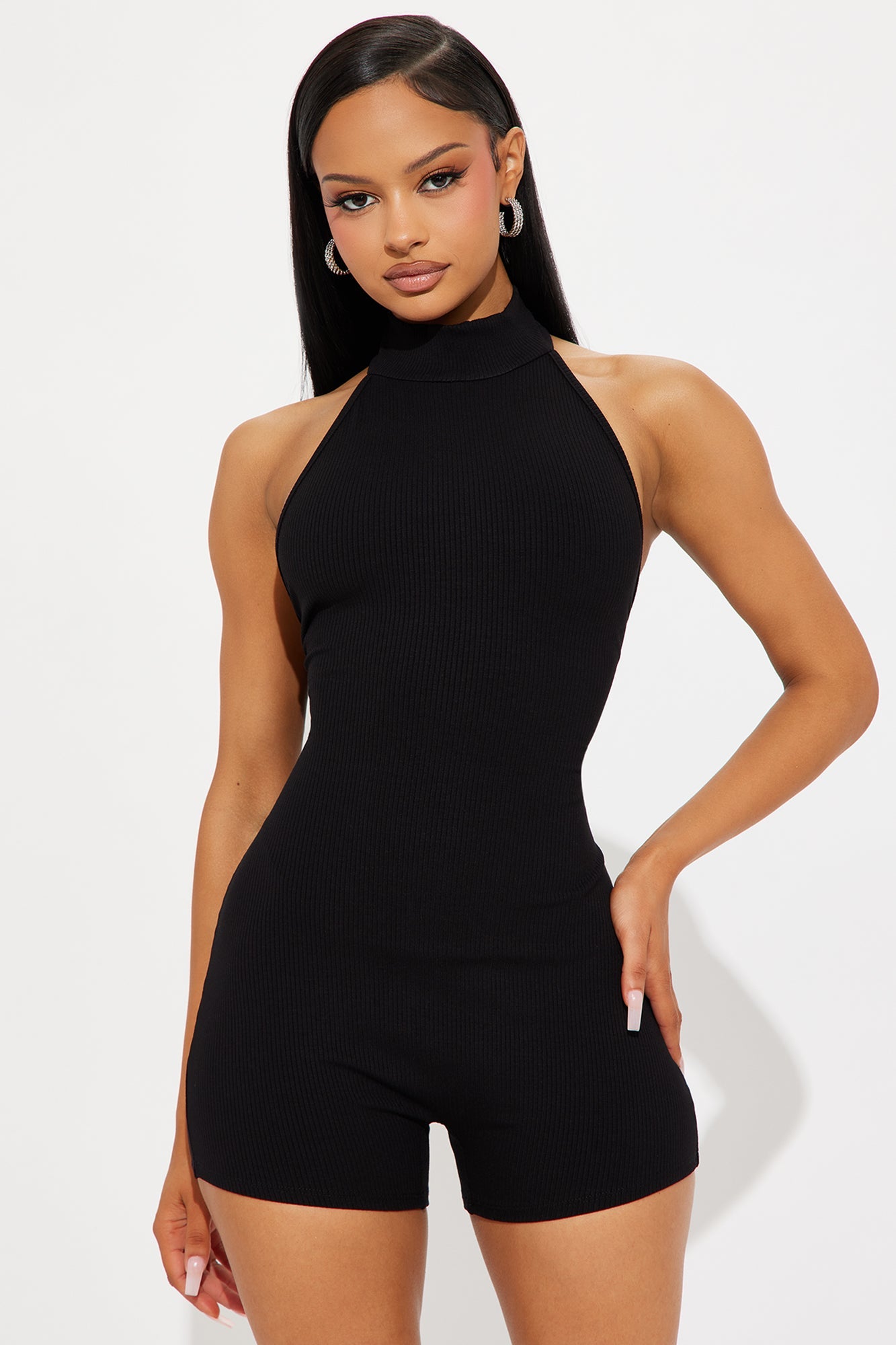 Rebecca Backless Ribbed Romper - Black