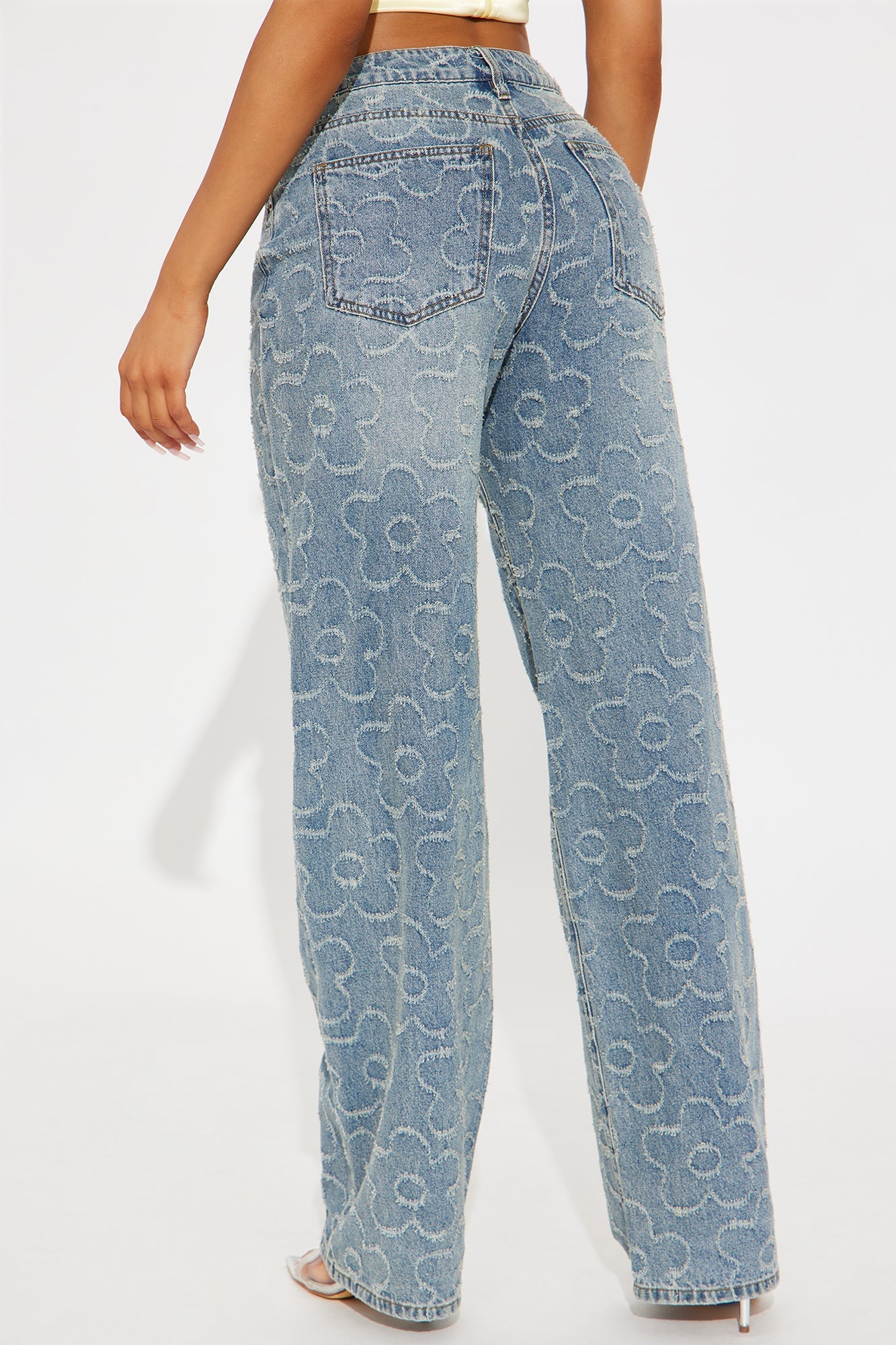 Flower Power Jacquard Wide Leg Jeans - Medium Wash