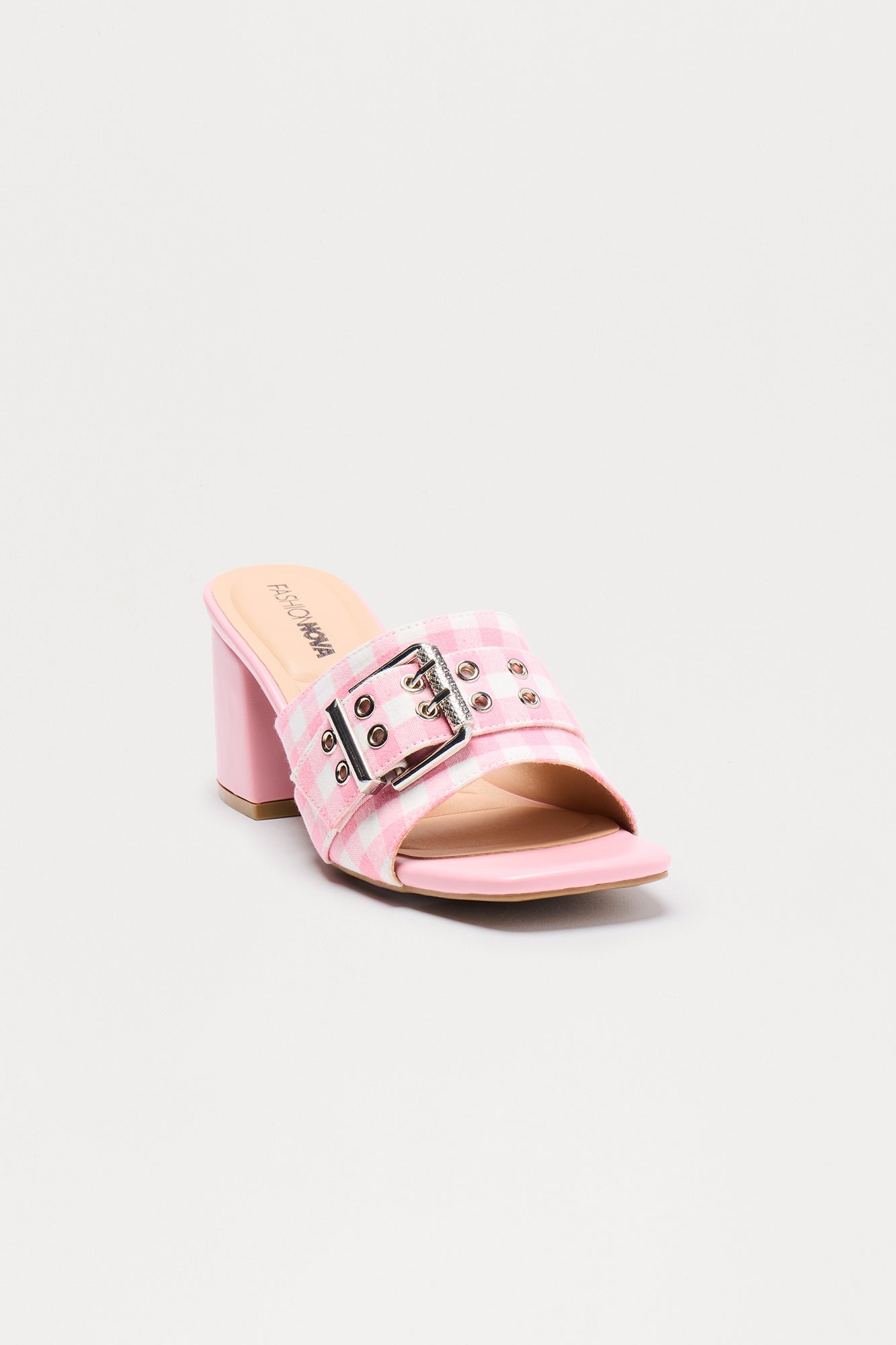 Savy Buckle Gingham Mules - Pink/combo
