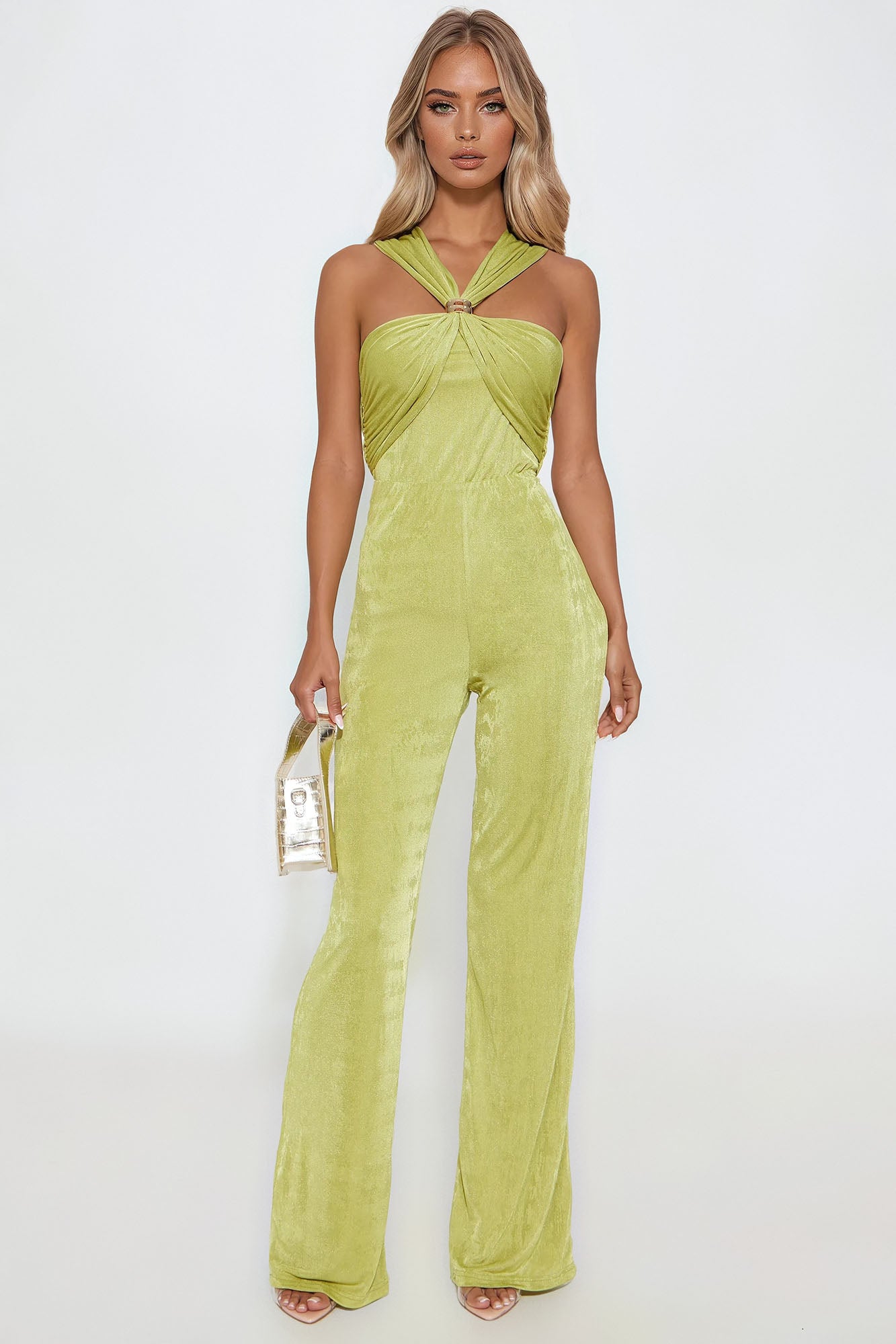 On Your Mind Slinky Wide Leg Jumpsuit - Chartreuse