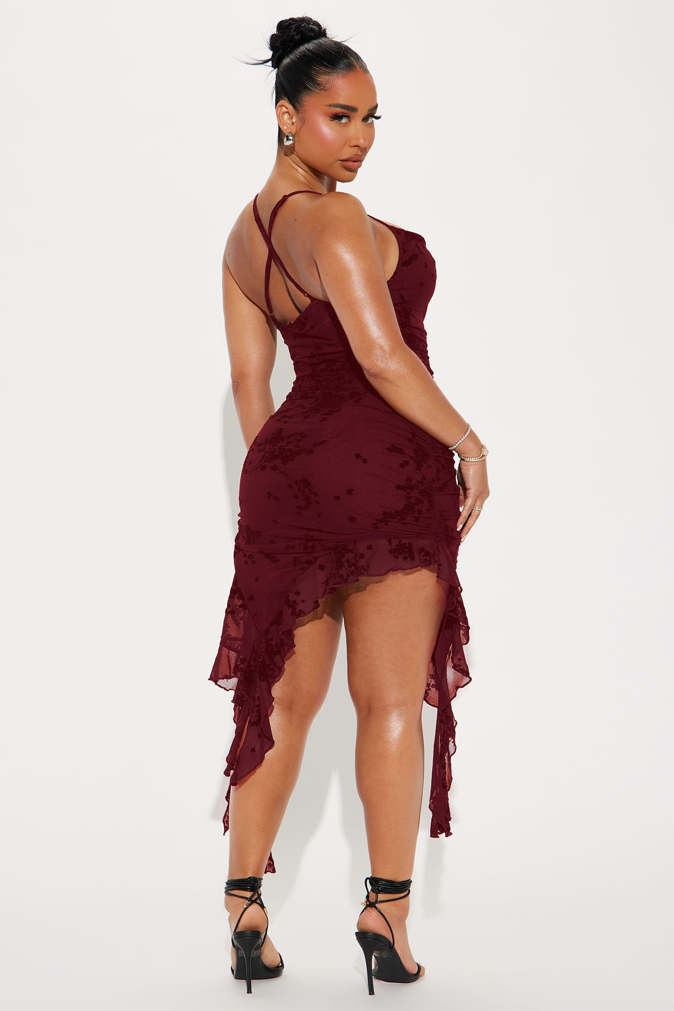 Blossom Bliss Mesh Midi Dress - Burgundy