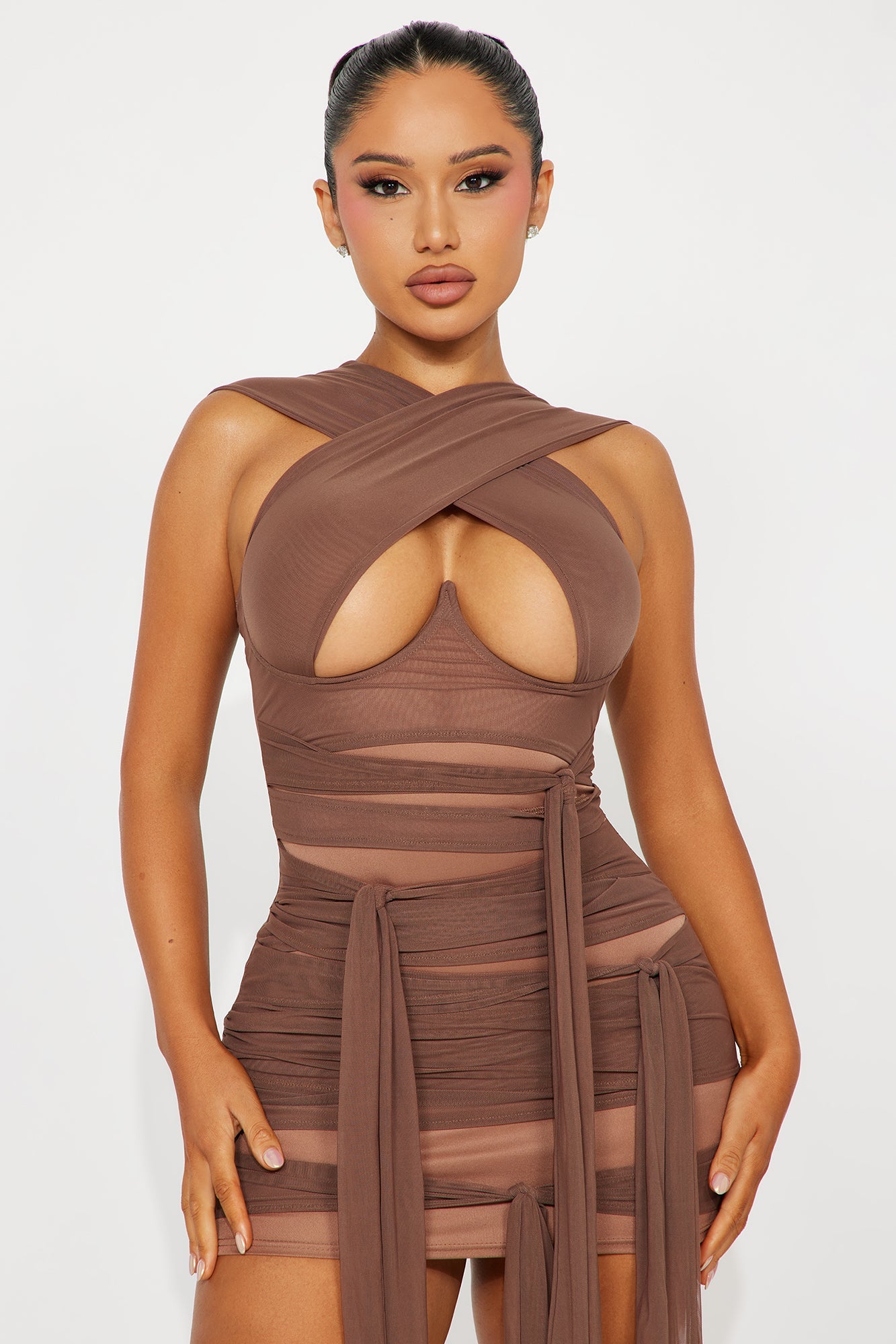 Tied To You Mesh Micro Mini Dress - Brown