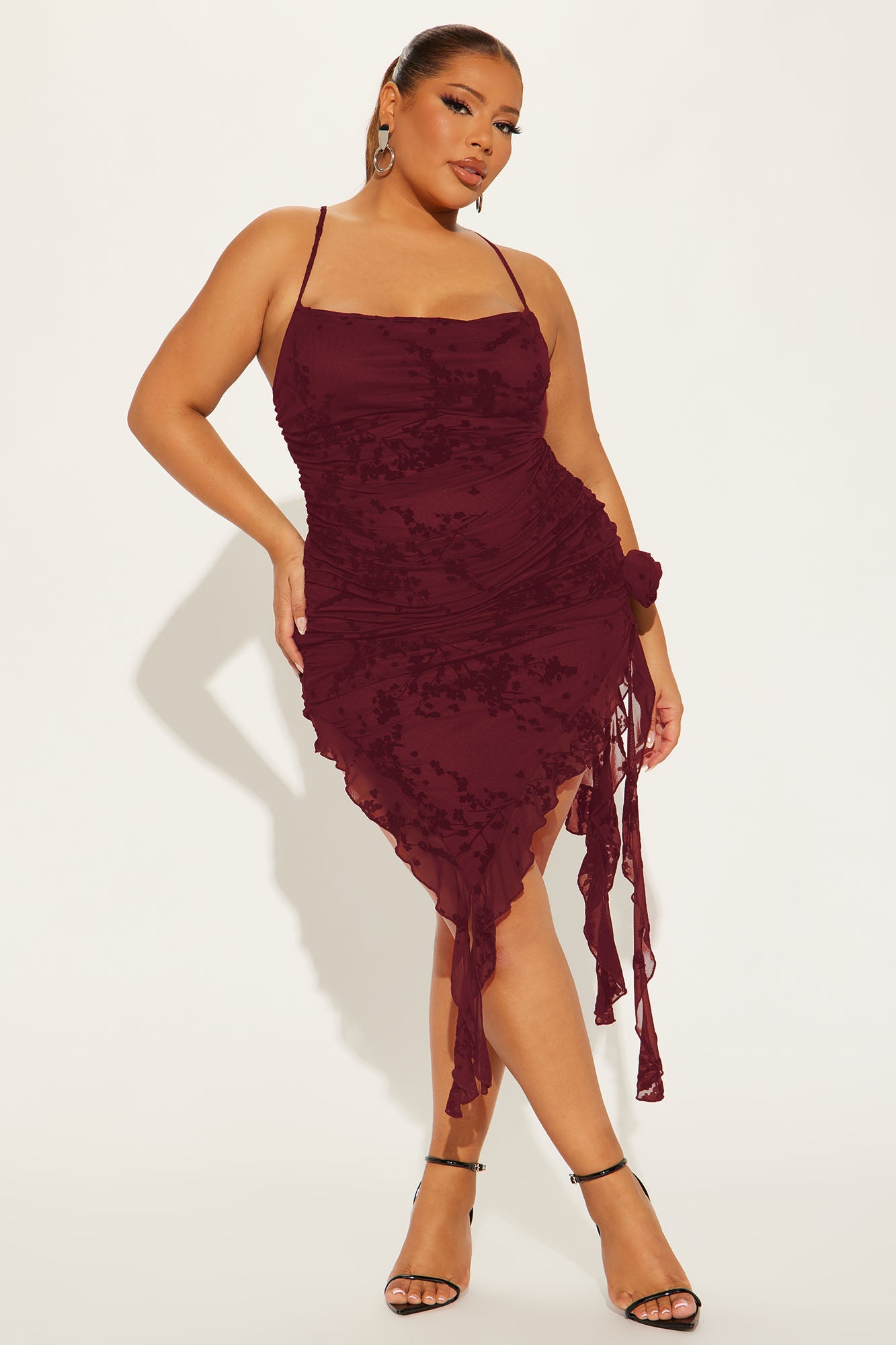 Blossom Bliss Mesh Midi Dress - Burgundy