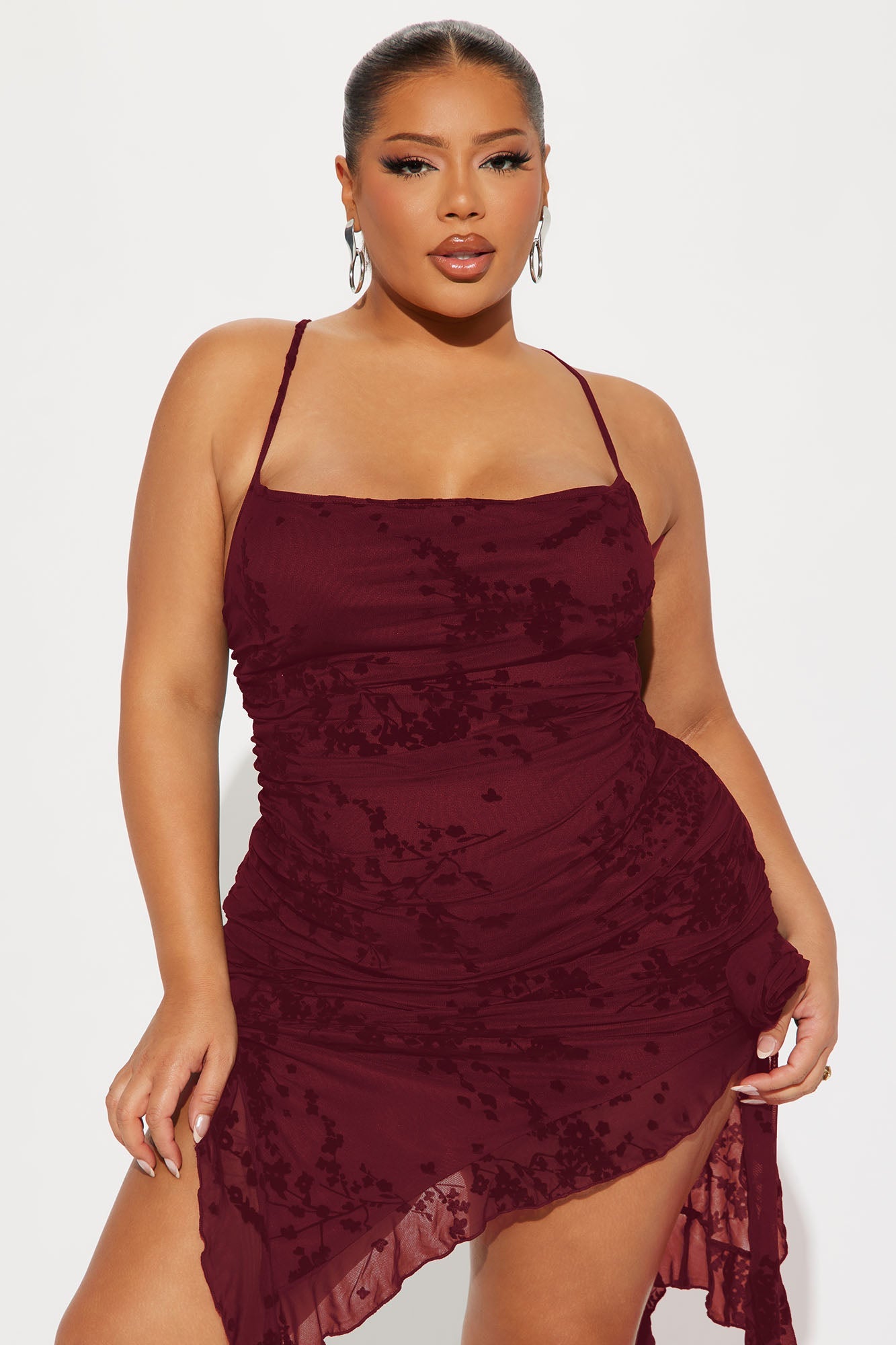 Blossom Bliss Mesh Midi Dress - Burgundy