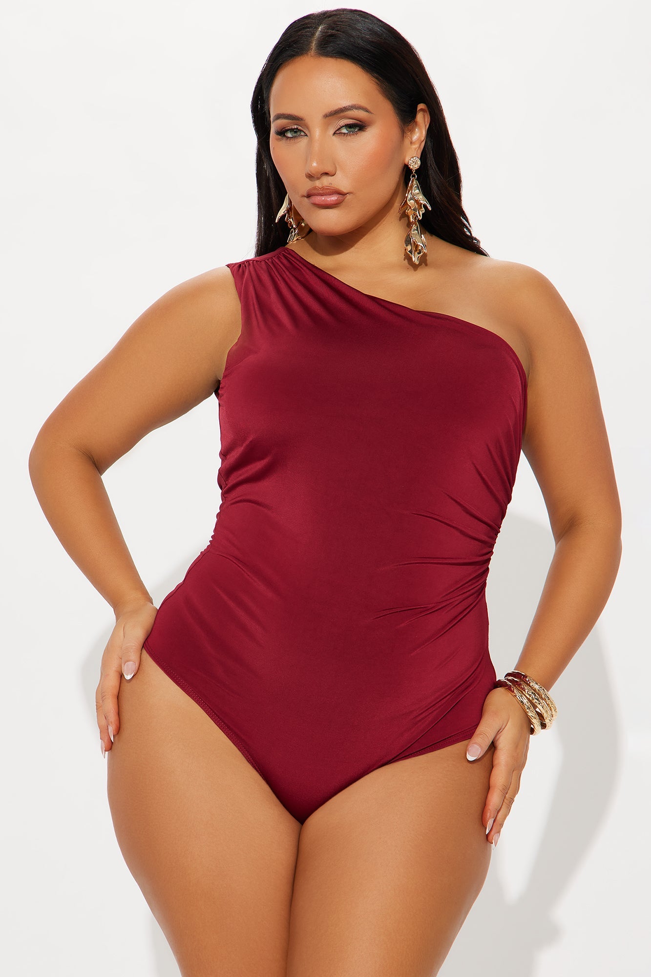 Living Proof One Shoulder Ruched Bodysuit - Burgundy