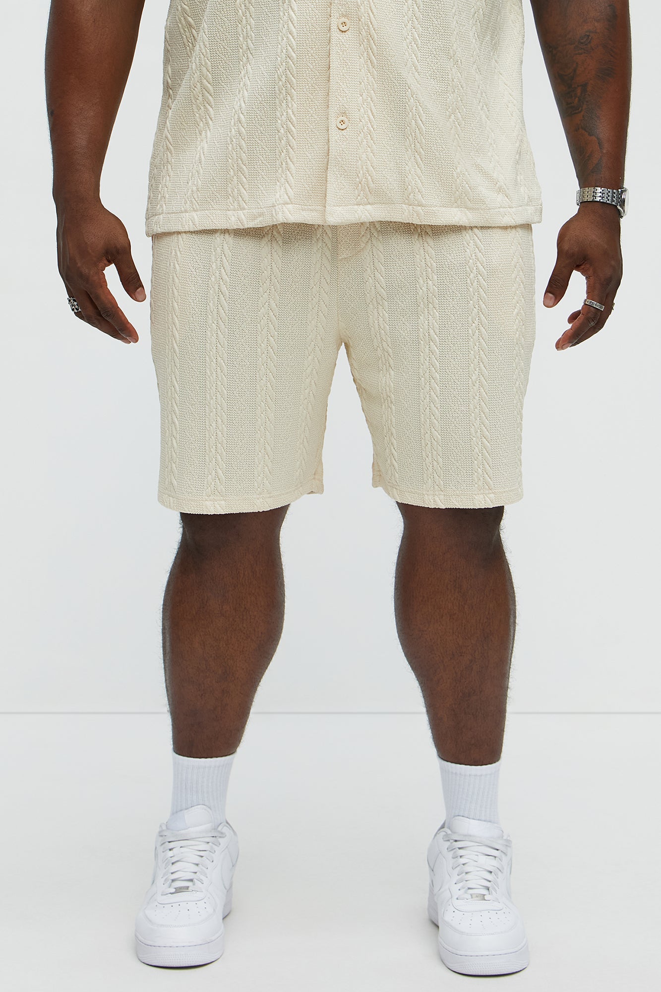 Textured Stripes Relaxed Drawstring Shorts - Cream