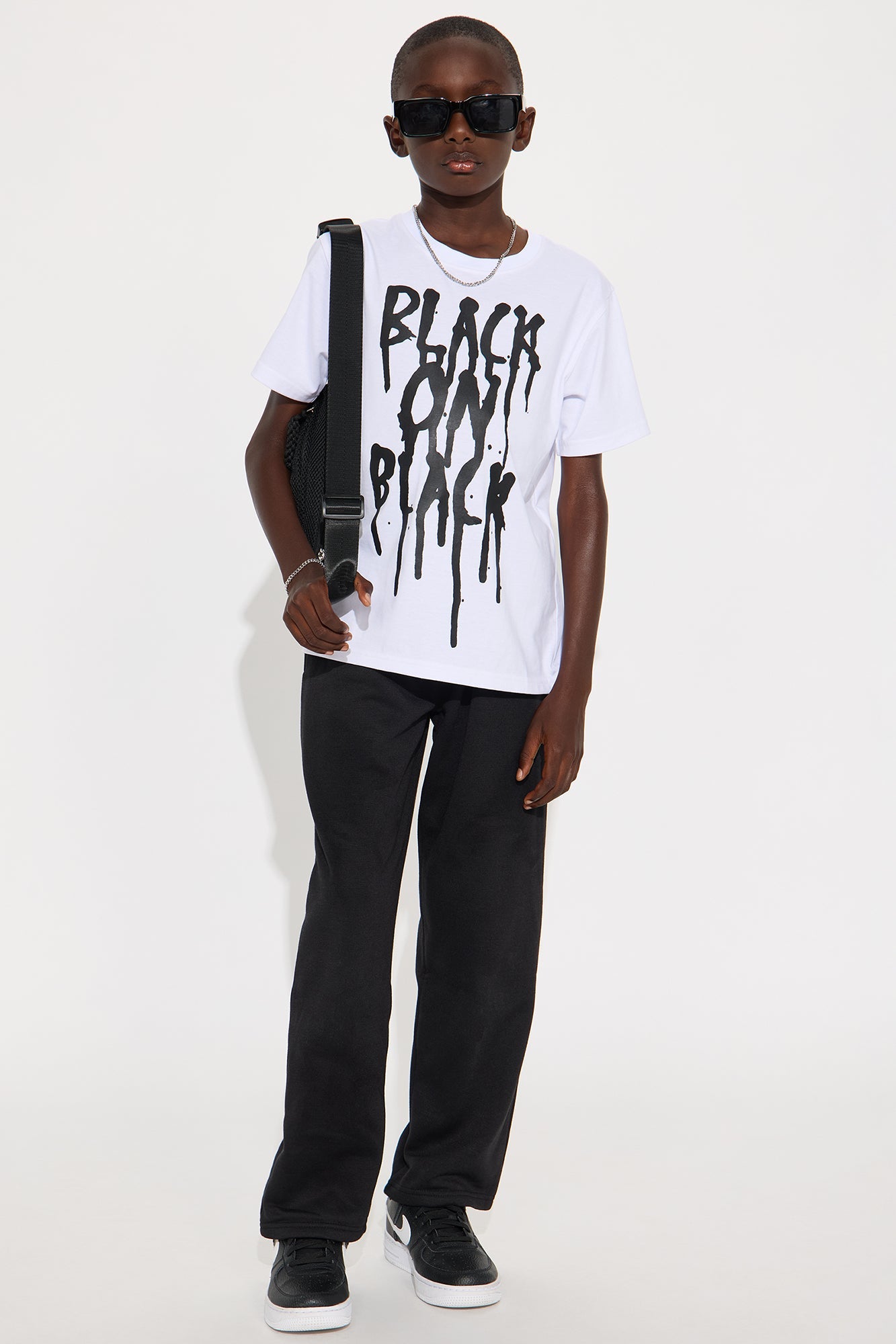 Mini Black On Black T-Shirt And Fleece Pant Set - White/Black