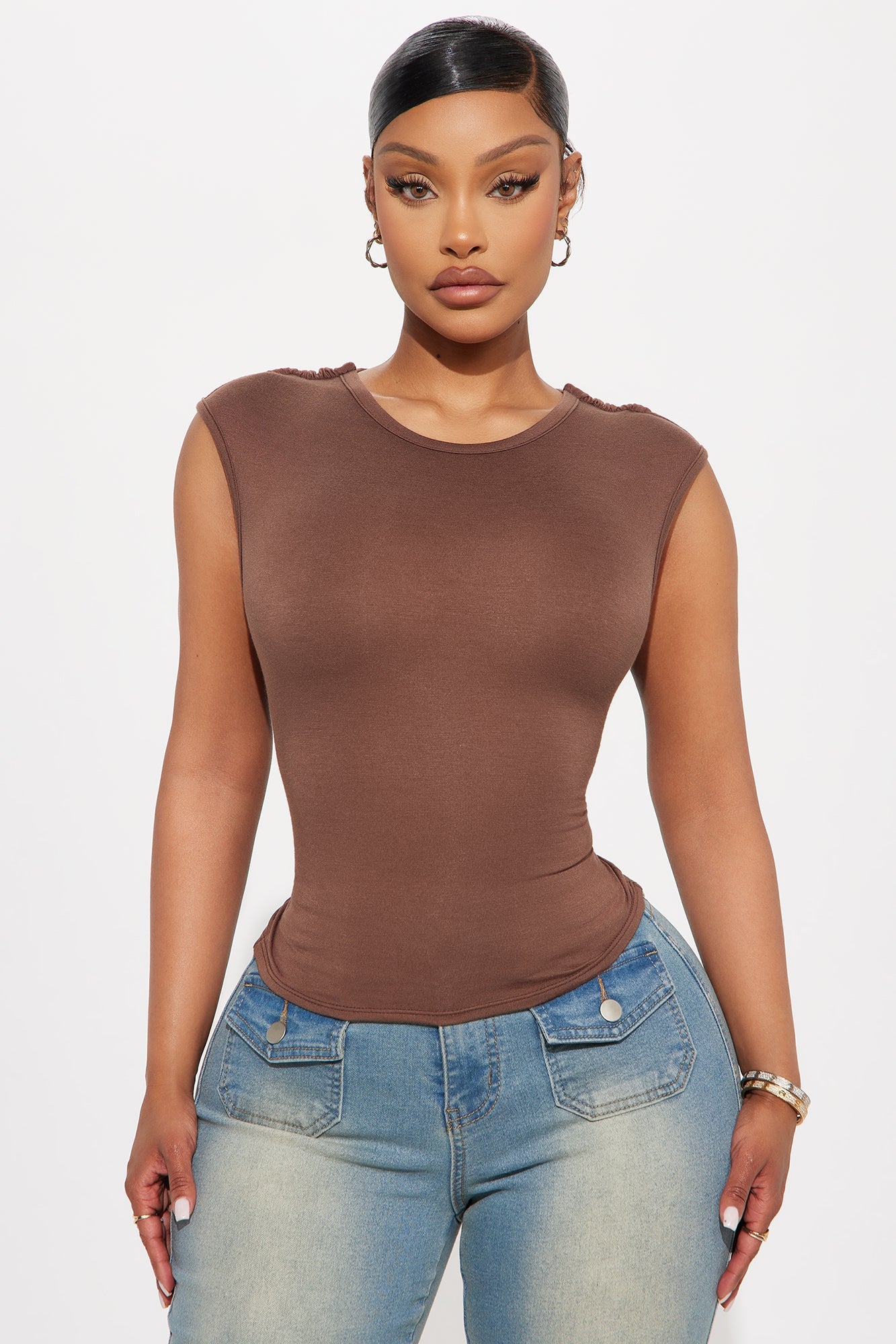 Itzel High Neck Cut Out Top - Chocolate