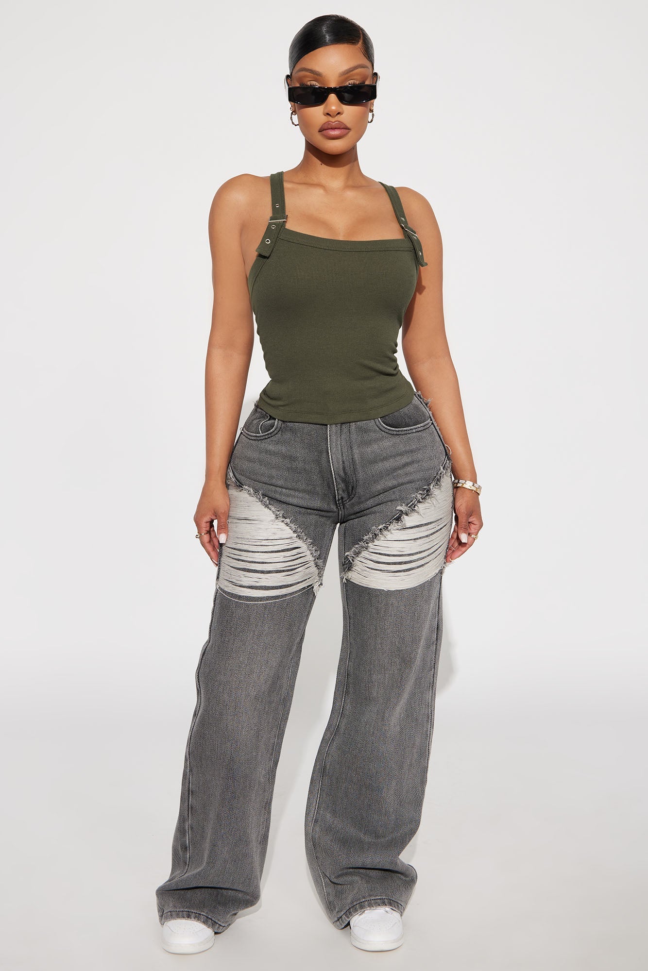 Buckle Up Ribbed Tank Top - Olive