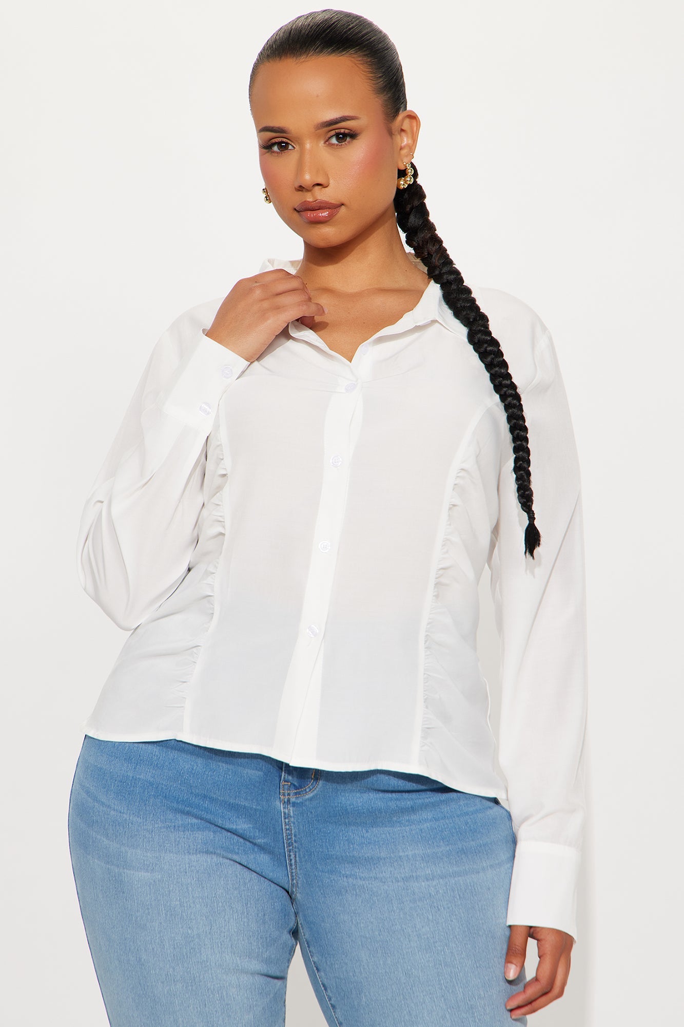 Stay Busy Ruched Challis Shirt - White