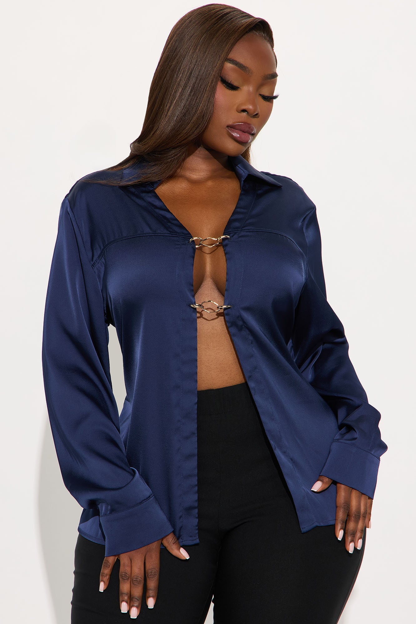 Glowing In Satin Blouse - Navy