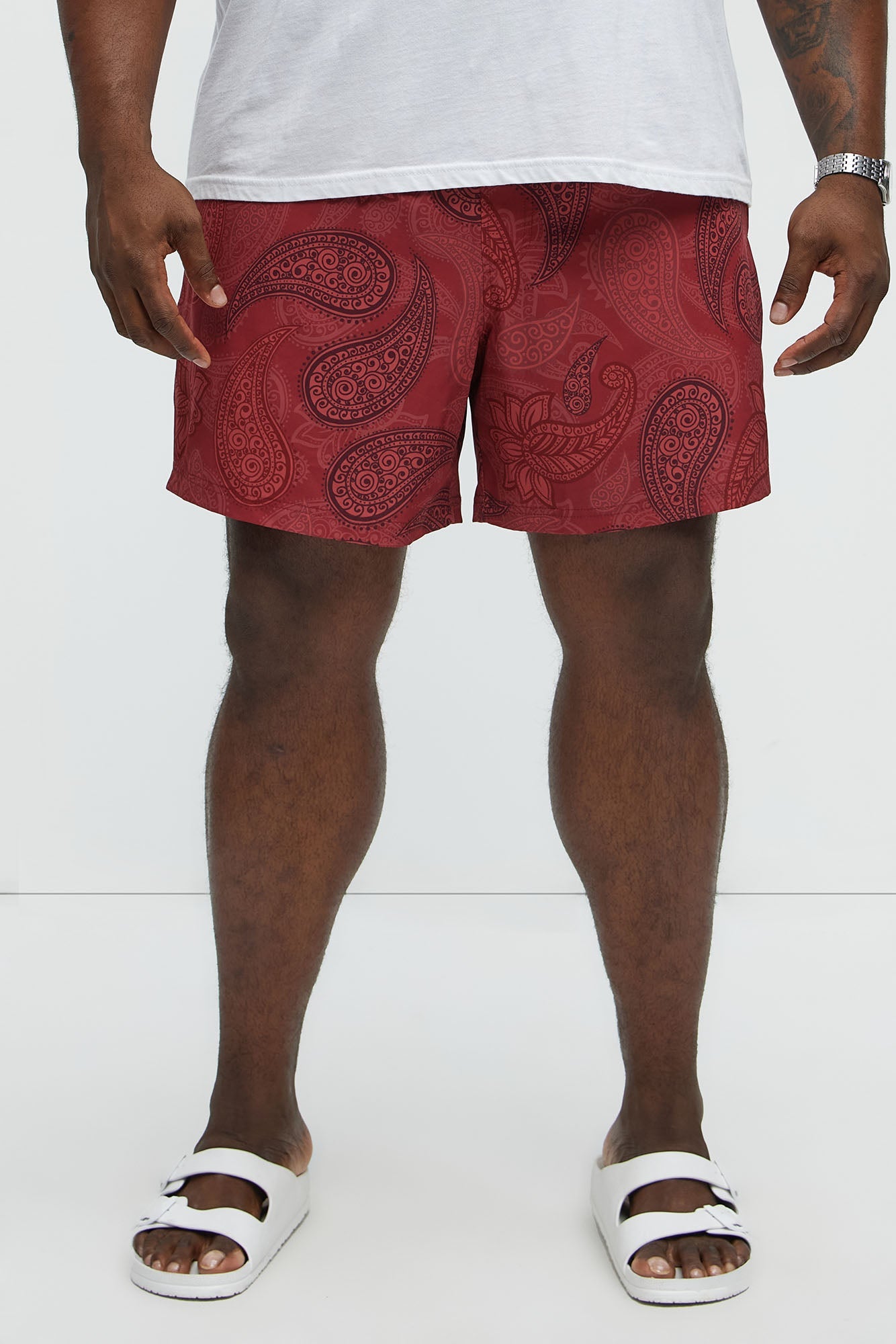 Retro Paisley Printed Swim Classic Trunk - Burgundy