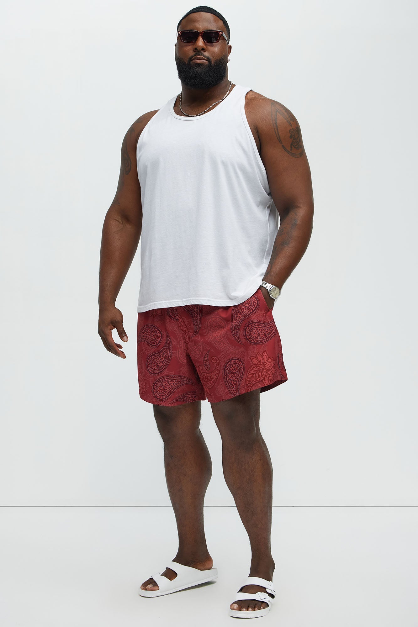 Retro Paisley Printed Swim Classic Trunk - Burgundy