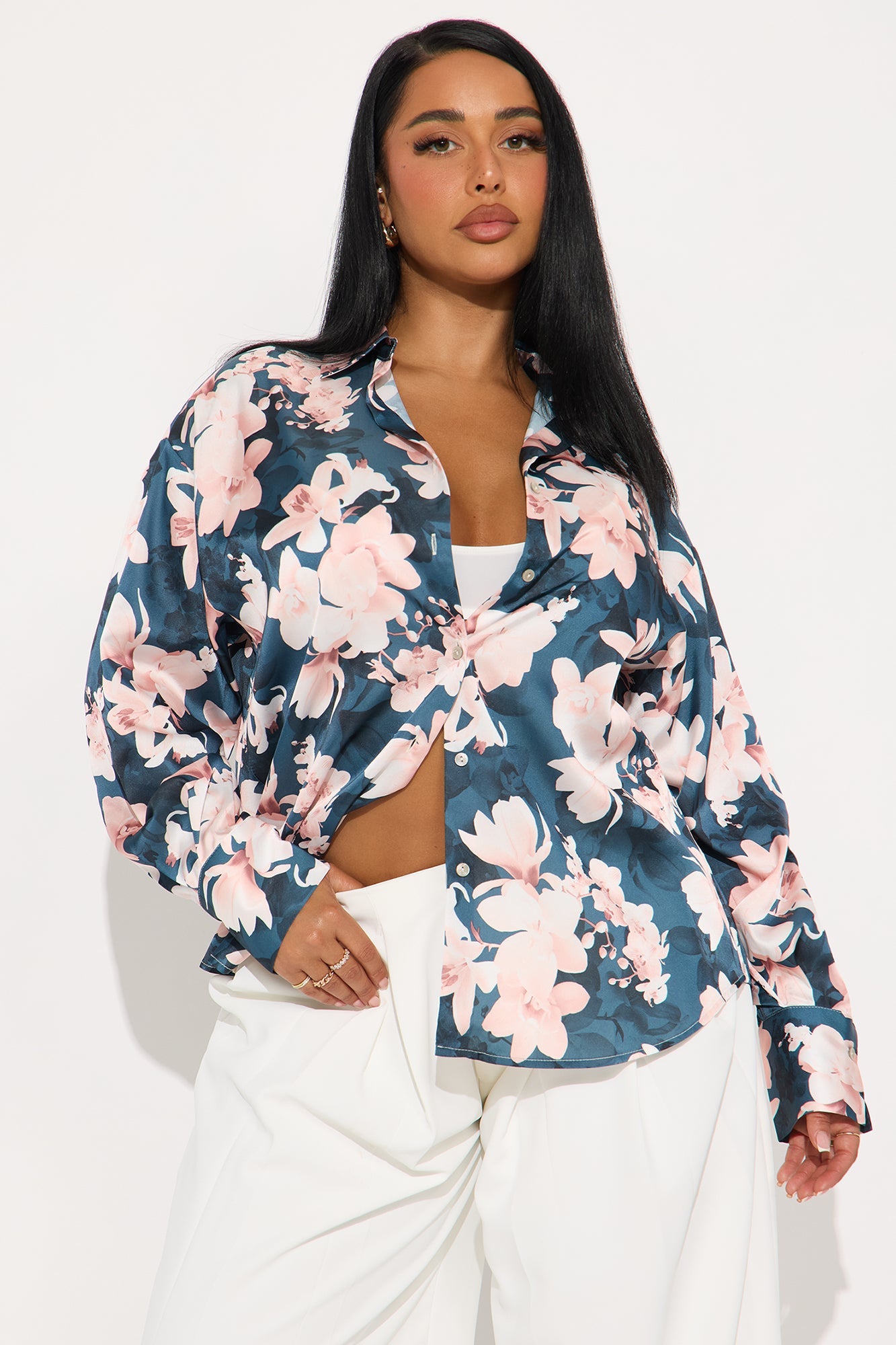 Cover Me In Florals Satin Shirt - Pink/combo