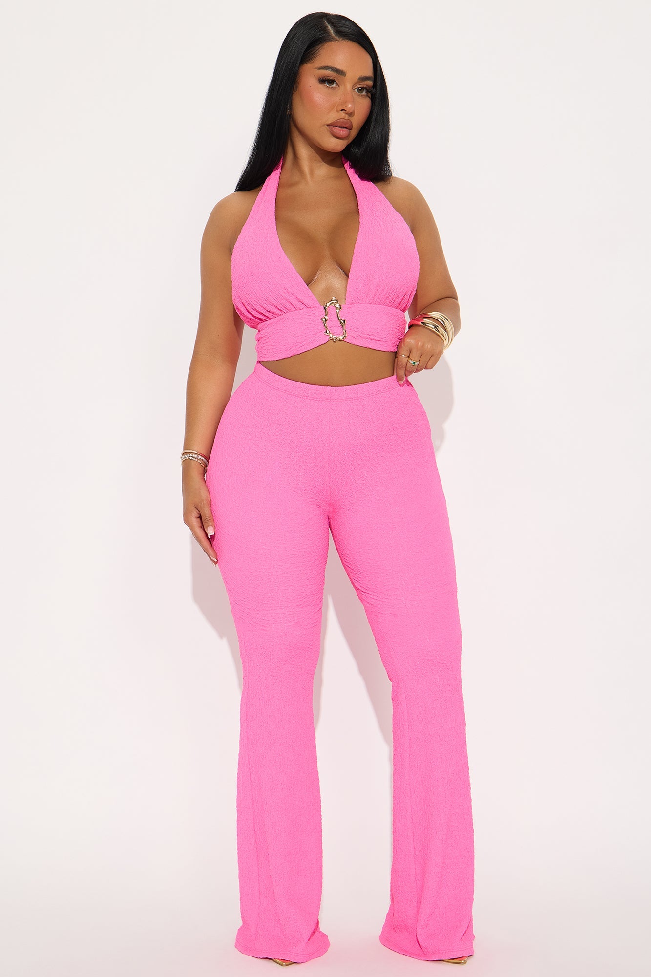 Dim The Lights Textured Pant Set - Hot Pink
