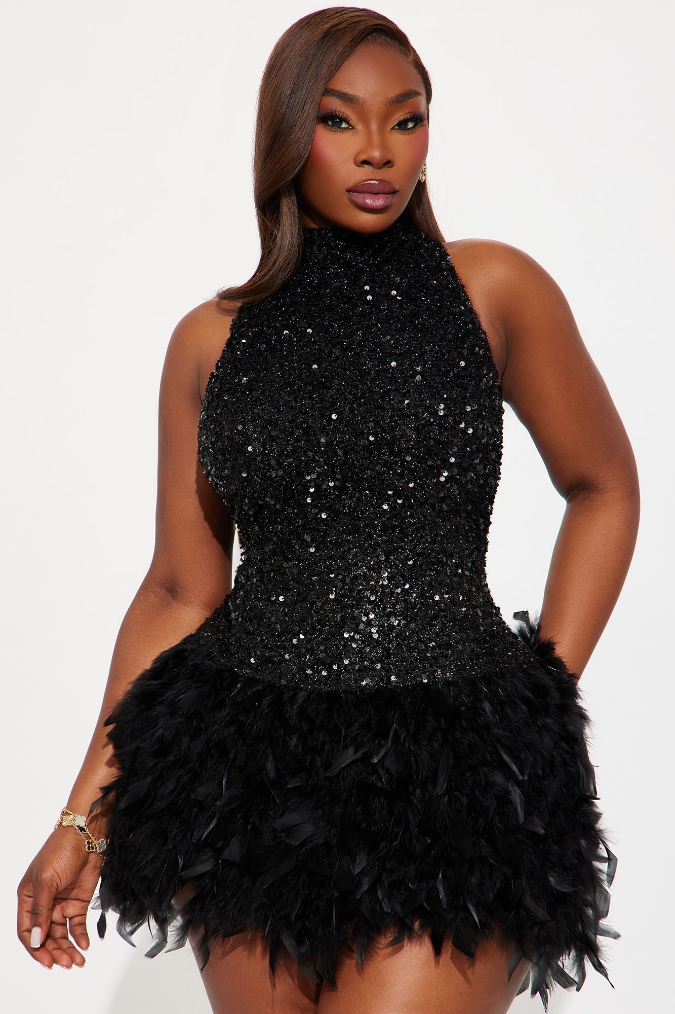 Zoey Feathered Sequin High Neck Mini Dress - Black