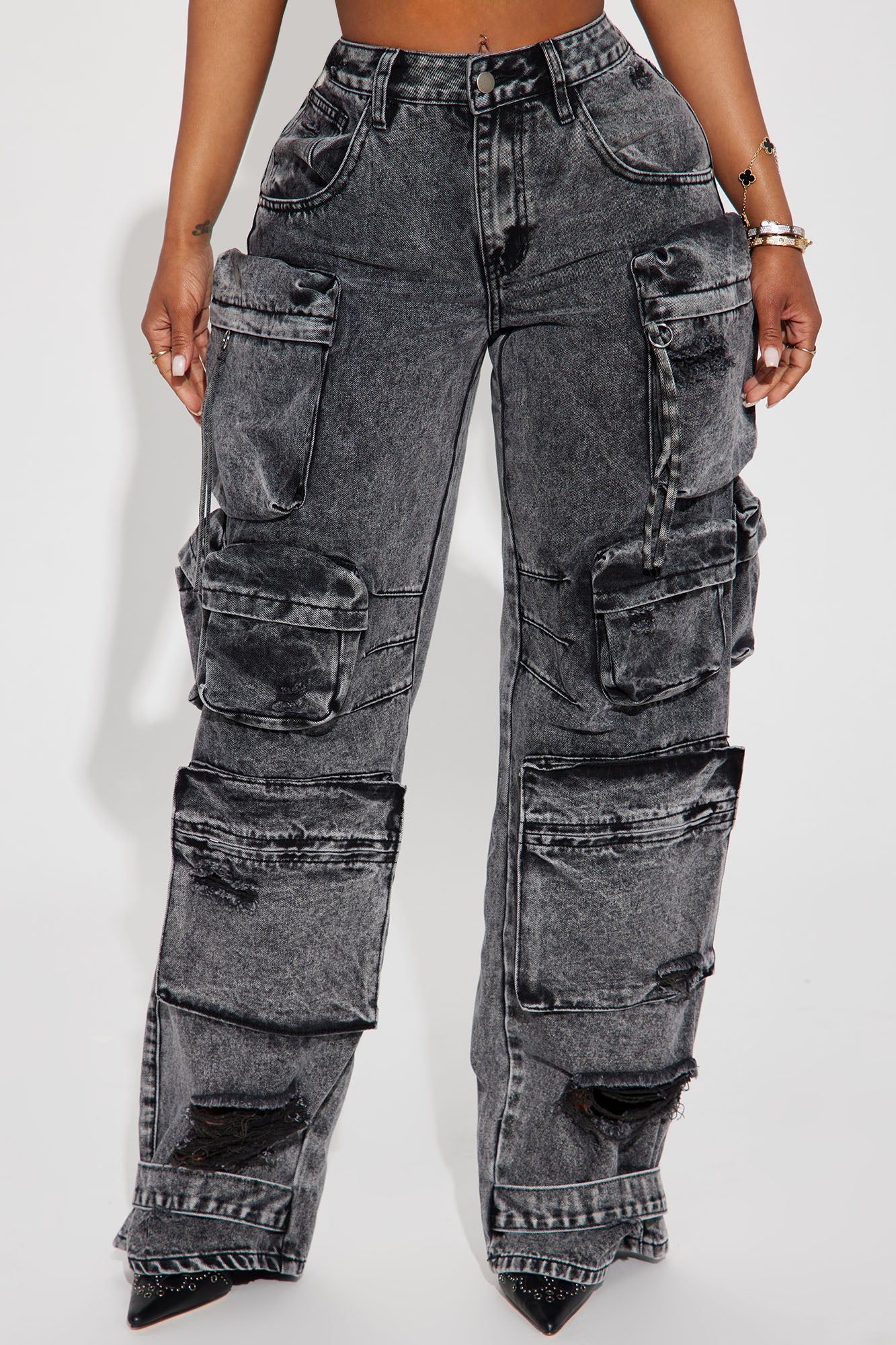 Millie Non Stretch Ripped Cargo Jeans - Acid Wash Black