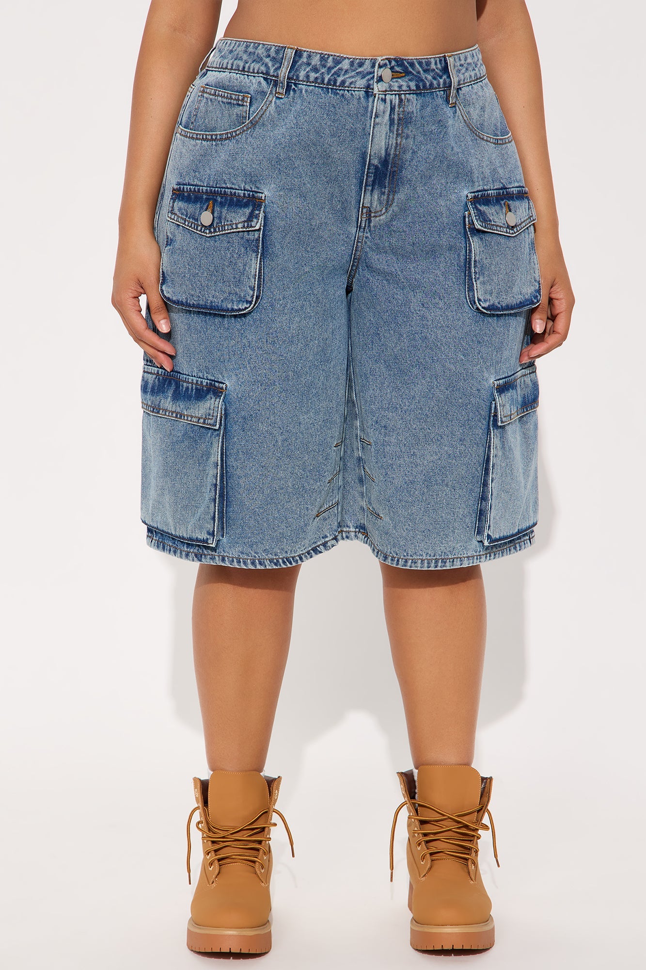 Frankie Acid Wash Cargo Denim Jorts - Medium Wash