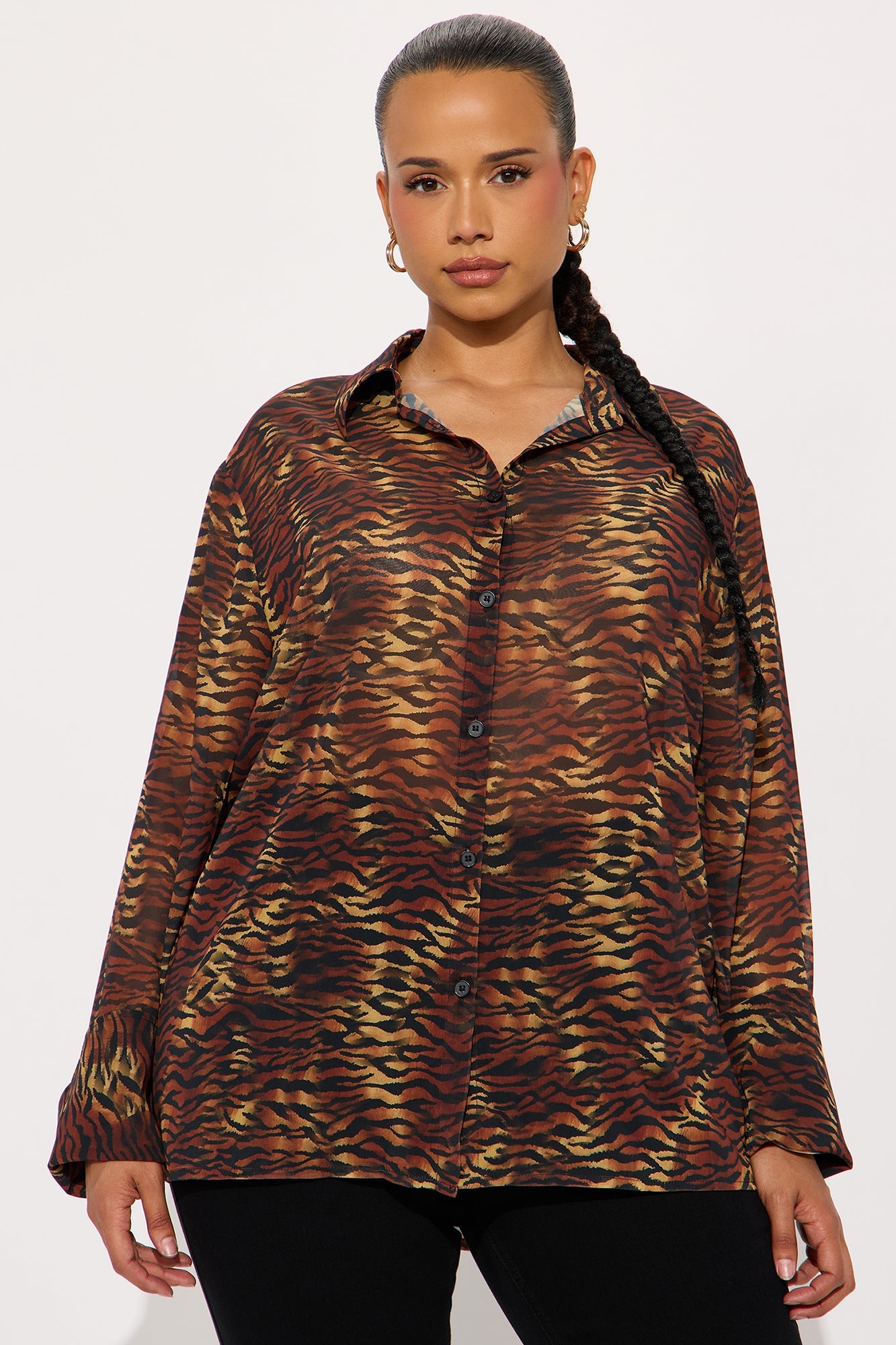 Urban Safari Animal Print Chiffon Button Up Shirt - Brown/combo