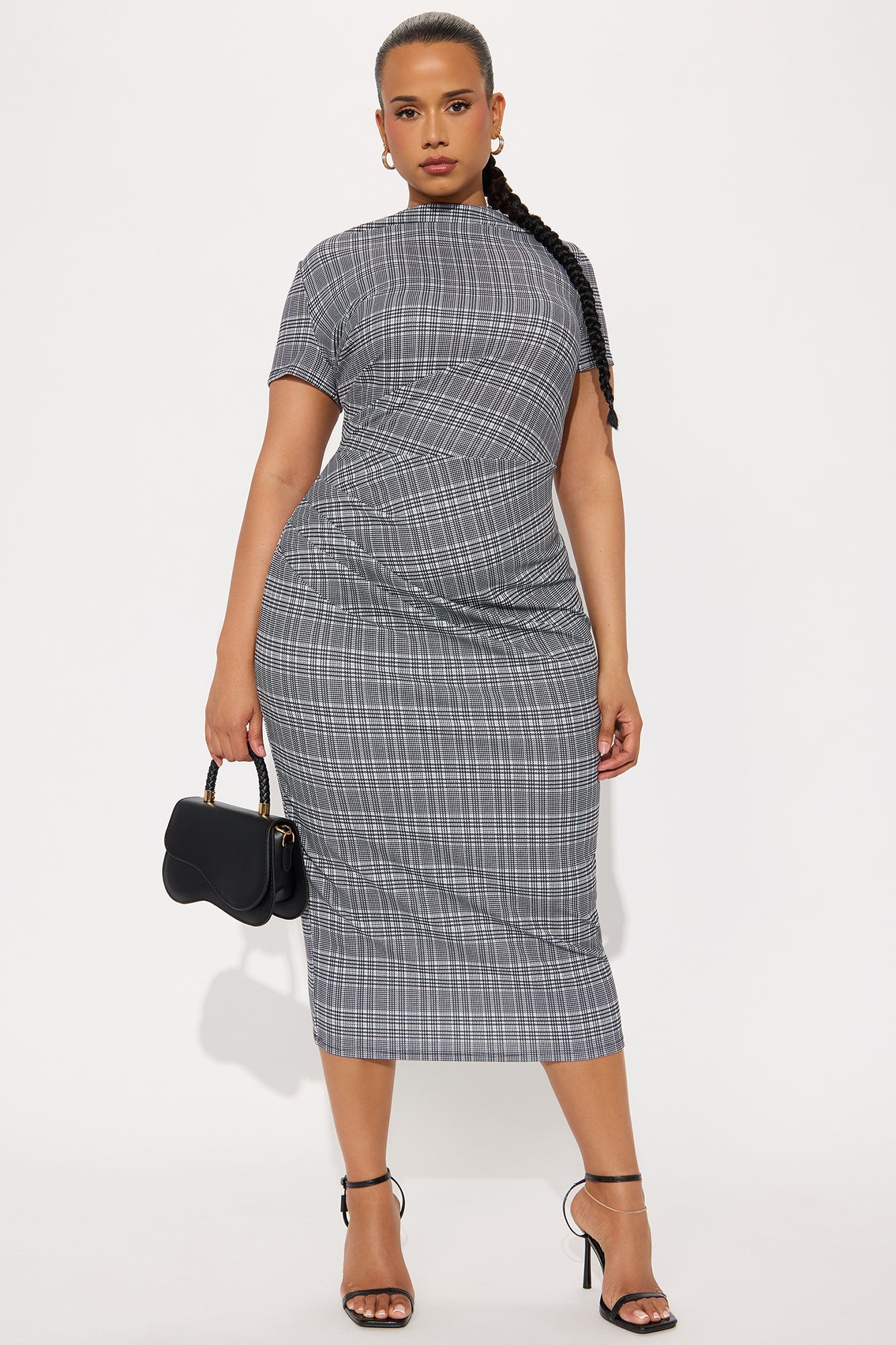 Arlene Houndstooth Short Sleeve Midi Dress - Black/White