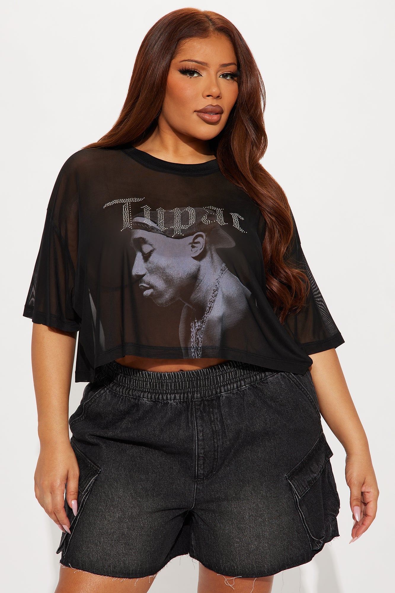 Tupac Mesh Rhinestone Cropped Tee - Black