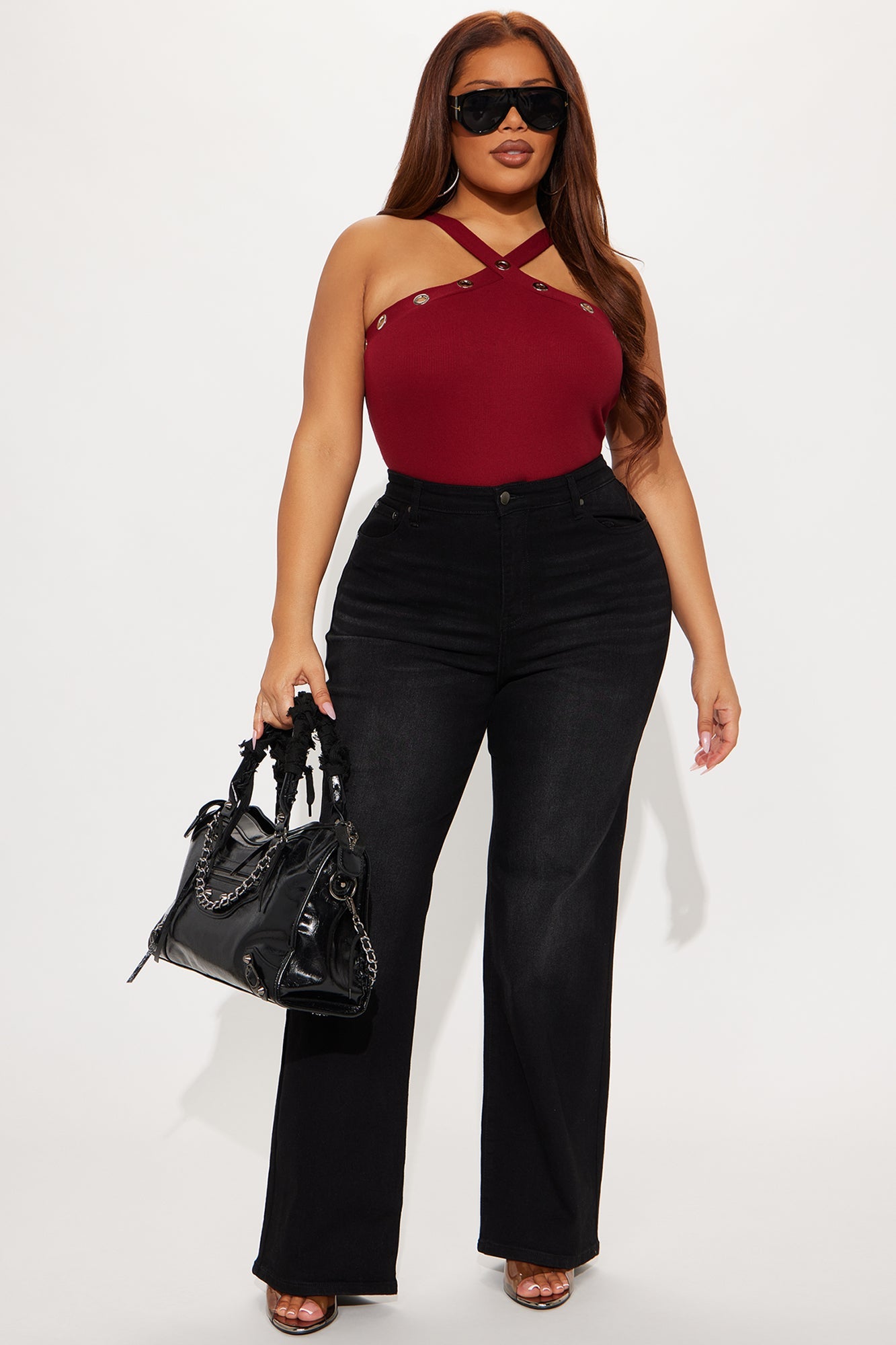 Resist Me Grommet Y-Neck Bodysuit - Burgundy