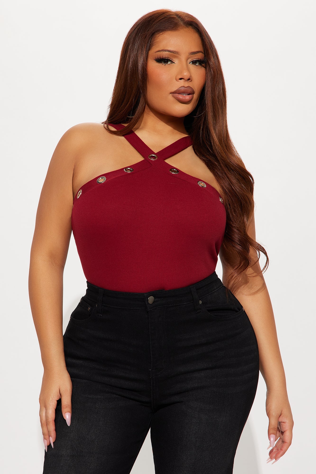 Resist Me Grommet Y-Neck Bodysuit - Burgundy
