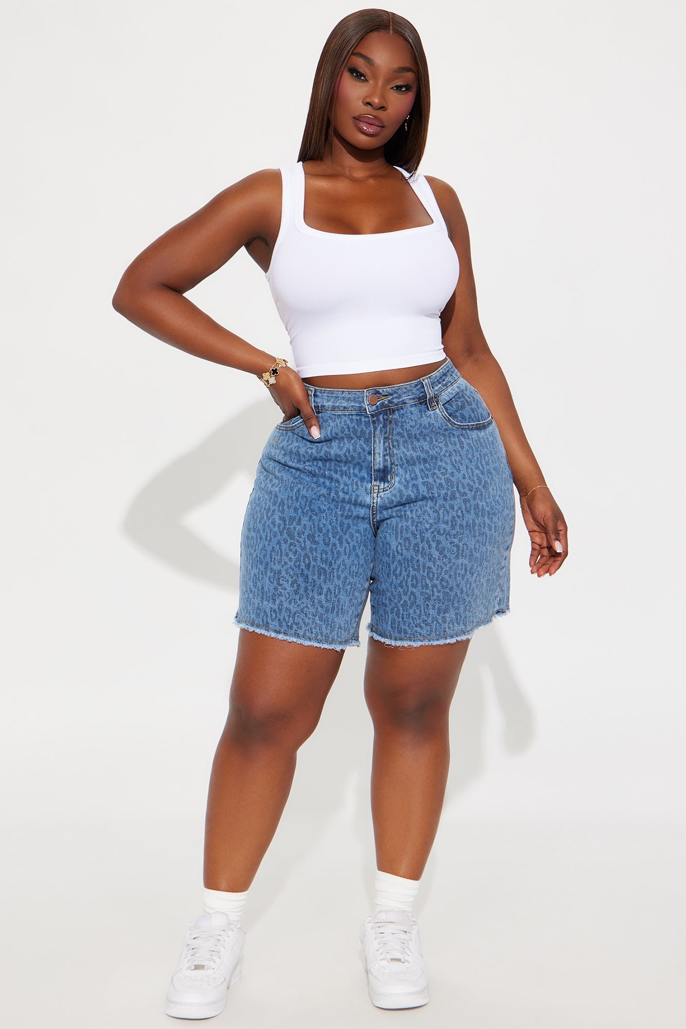 Wildin Leopard Print Bermuda Denim Shorts - Light Blue Wash
