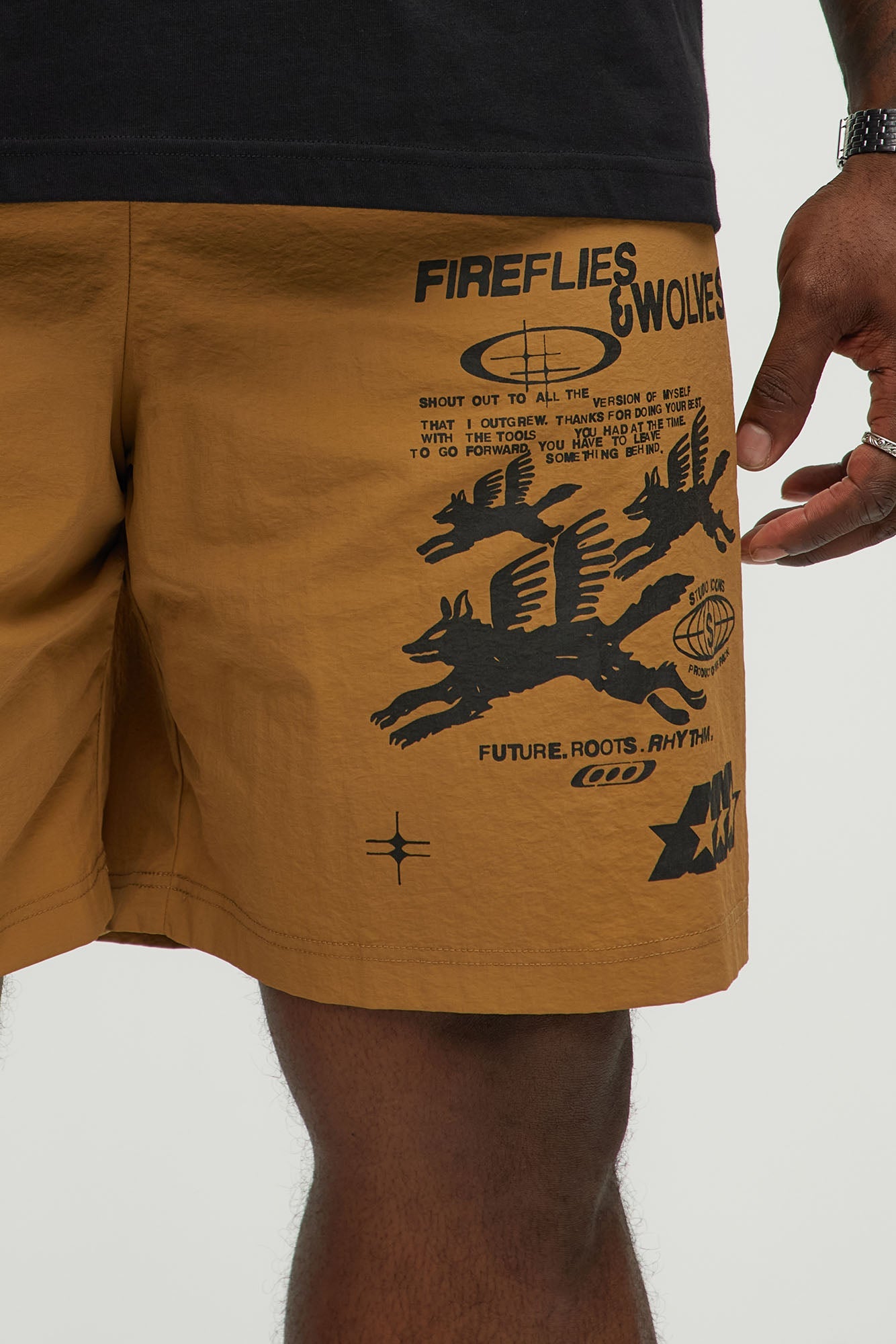 Fireflies And Wolves Graphic Relaxed Shorts - Brown Combo