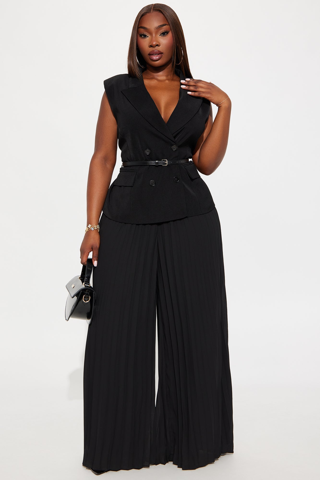 Veronica Belted Vest Pleated Pant Set - Black