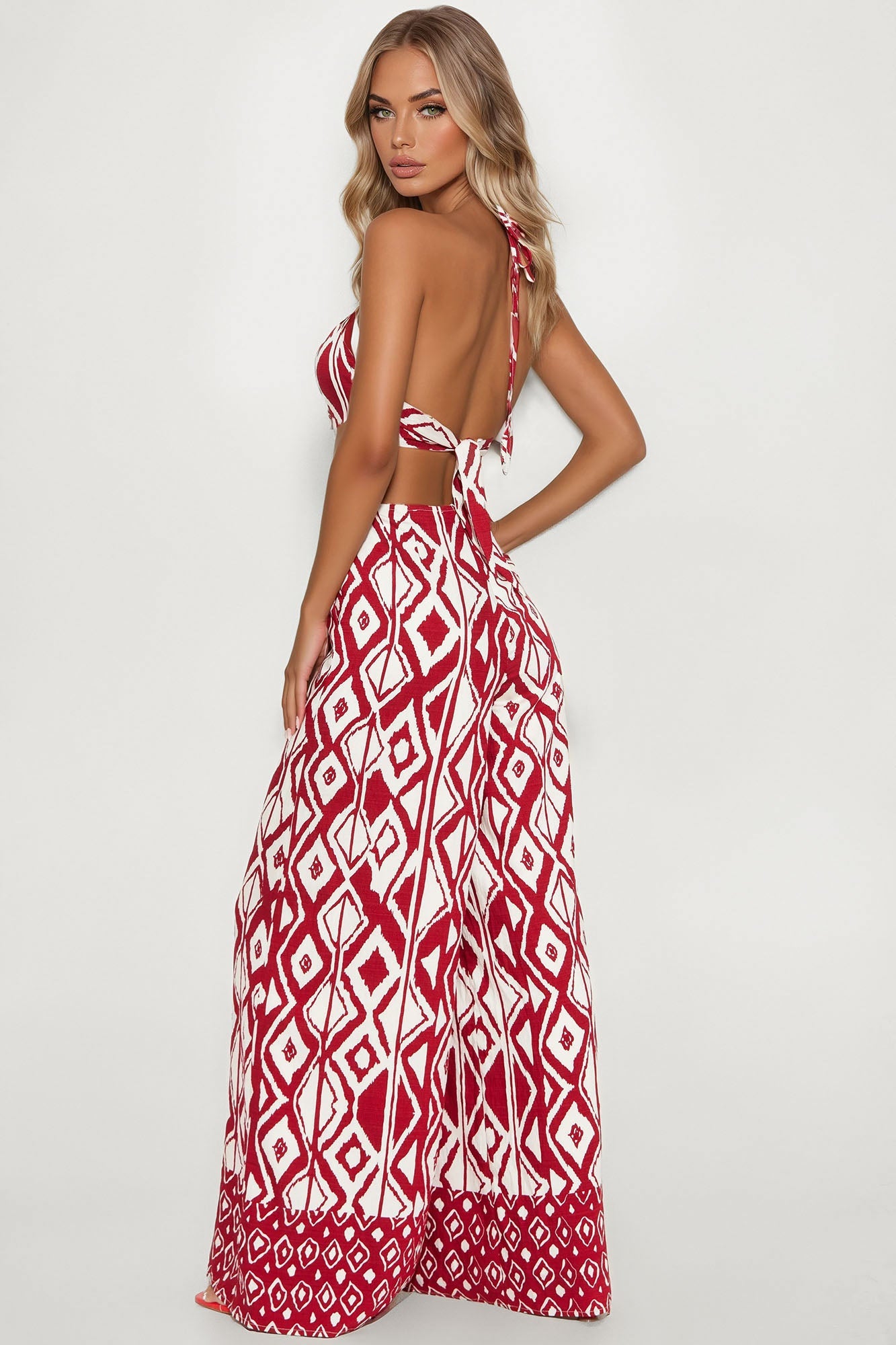 Jessenia Linen Halter Wide Leg Jumpsuit - Burgundy/combo