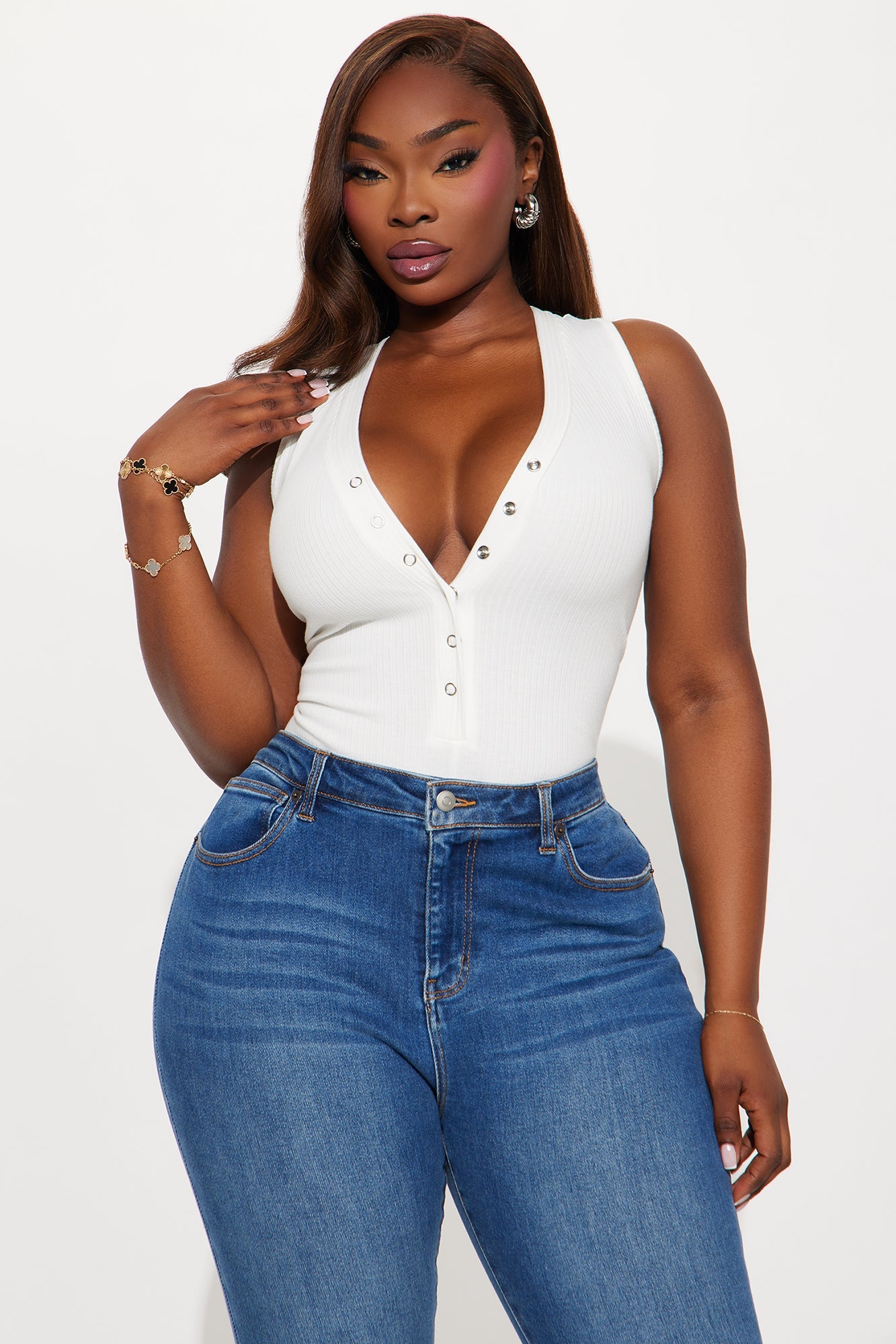 Set Free Deep V-Neck Bodysuit - White